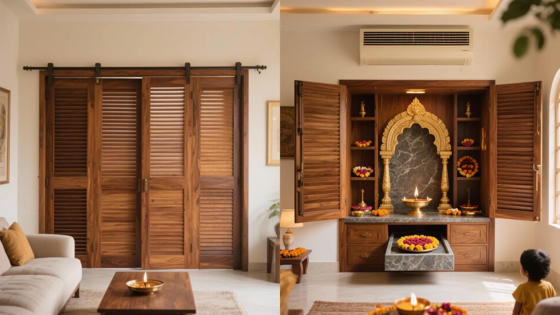 Wooden sliding doors open to reveal a prayer space with golden arch and small cabinets