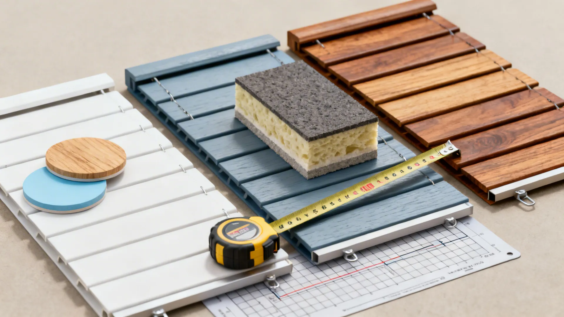 Material flatlay with faux-wood, composite and hardwood shutter samples, color swatches and measuring template