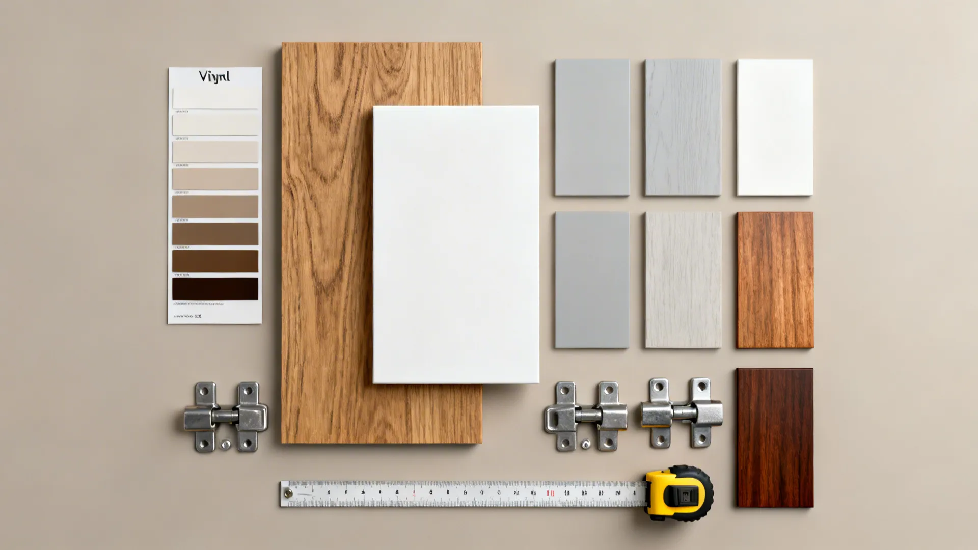 Flatlay of vinyl and hardwood shutter samples, paint chips, and measuring tape for planning.