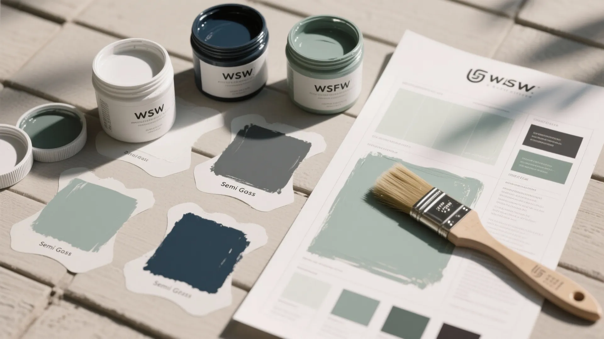 Paint cans with color swatches and a brush for choosing window shutter colors for home