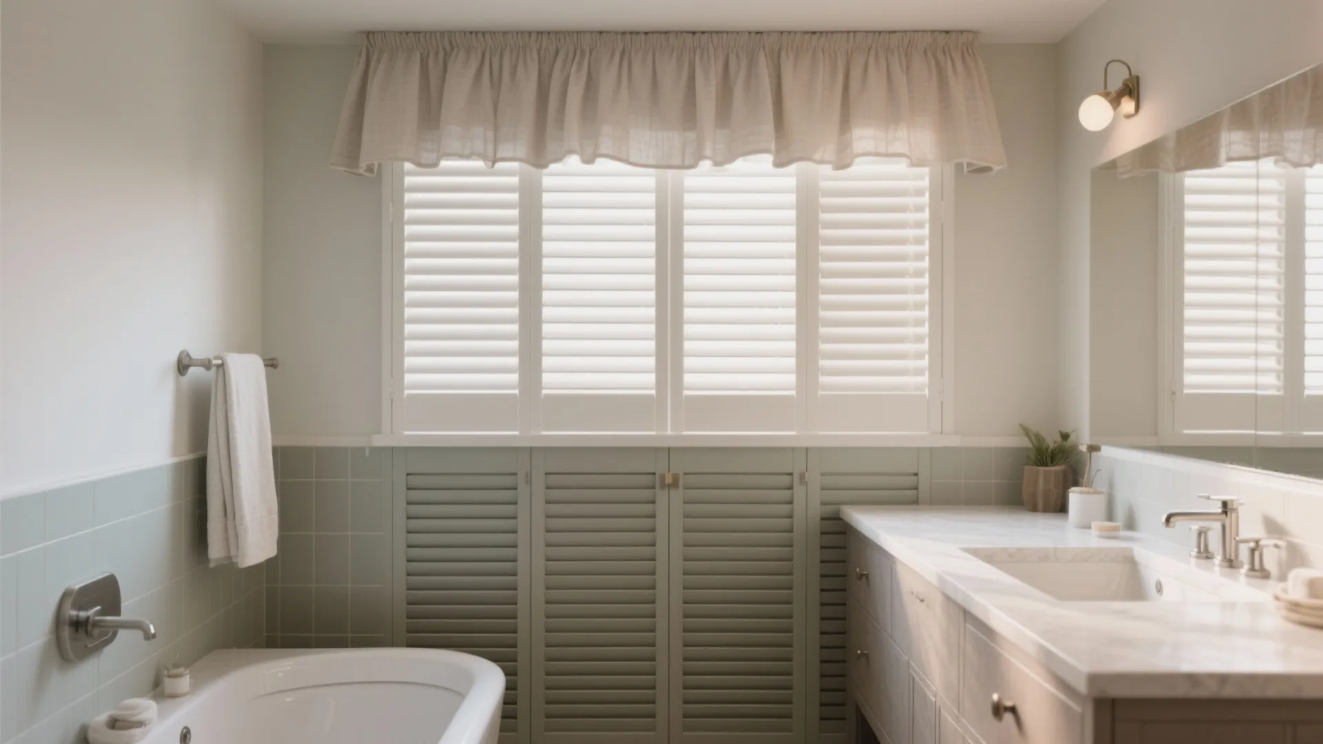 Modern bathroom with white window shutters and curtain above green wall panel and marble vanity