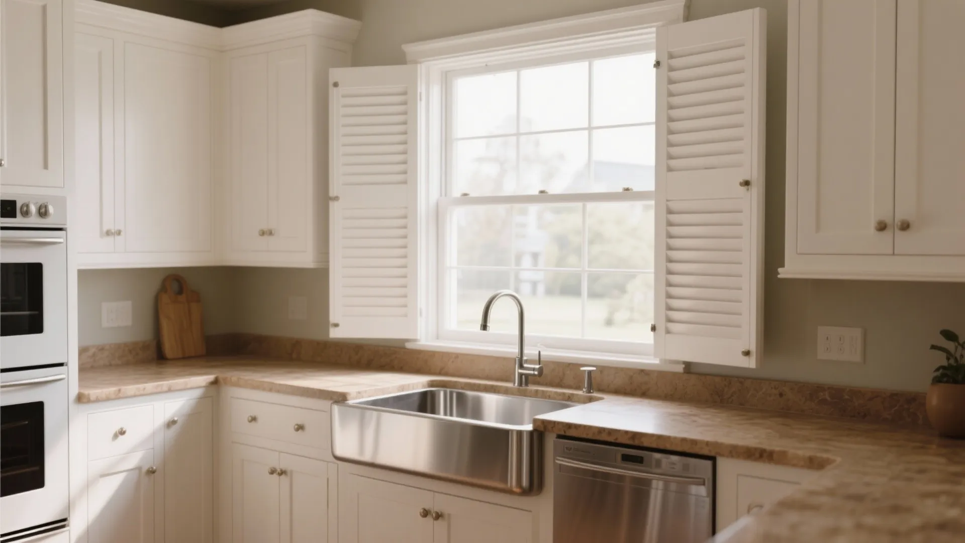 White kitchen cabinets with stainless steel sink wood shutters and natural light from the window