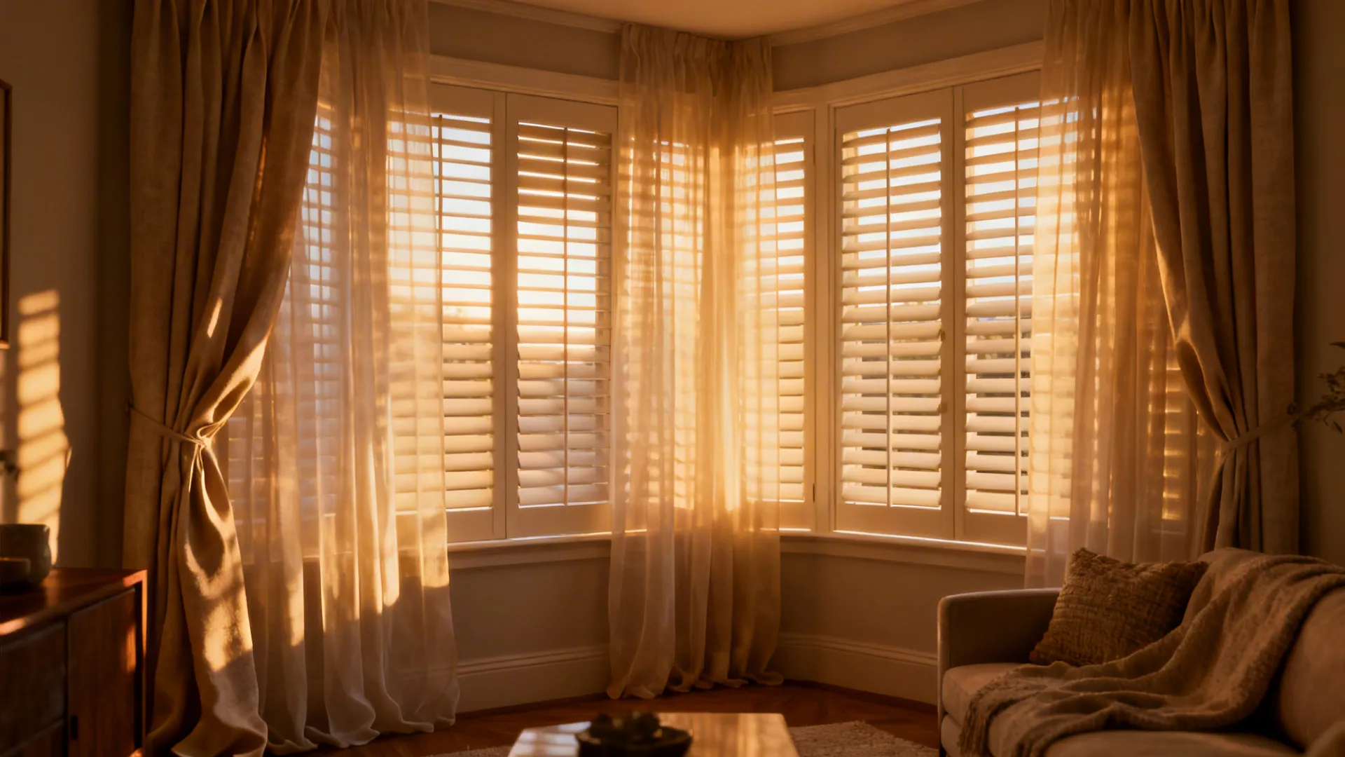 Plantation shutters paired with sheer curtains creating a soft layered living room look.