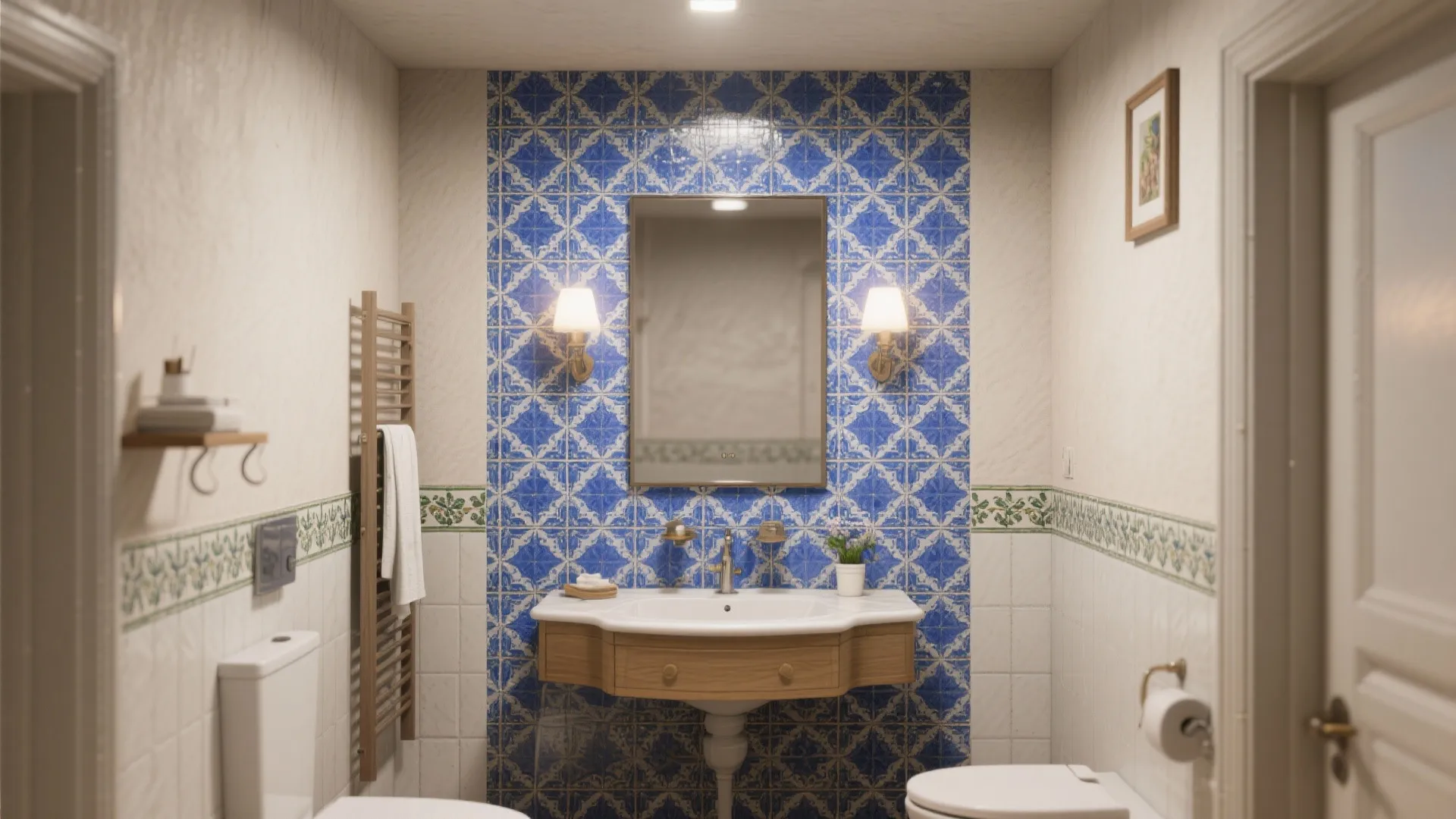 Vintage bathroom with blue pattern wall tiles wooden cabinet white sink and two wall lights