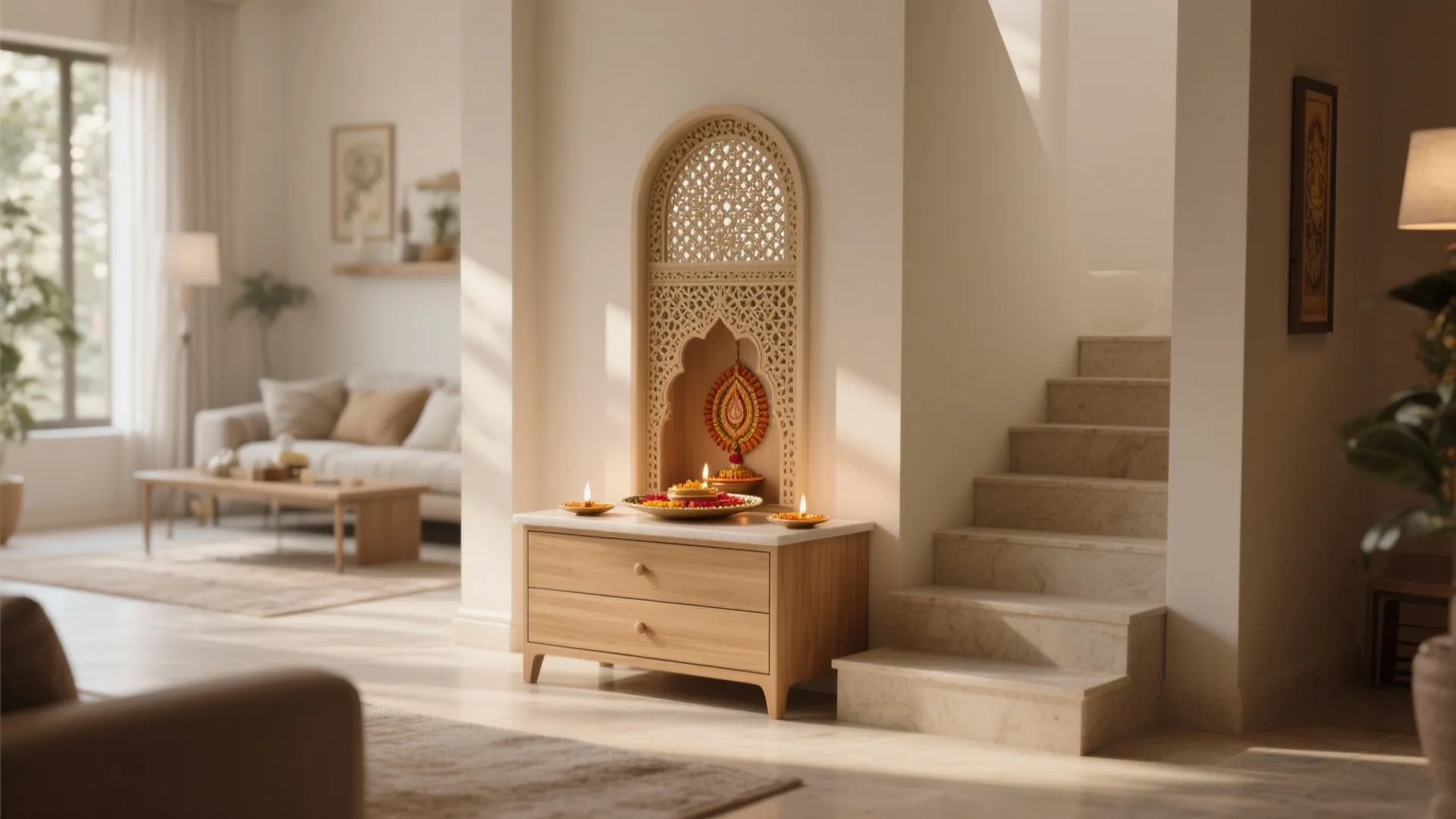 Modern prayer space under stairs with wooden cabinet candles carved wall panel and living room background