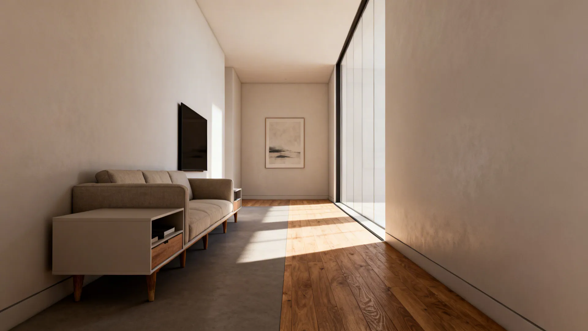 Living room with furniture aligned to one side and a clear circulation strip on the other.