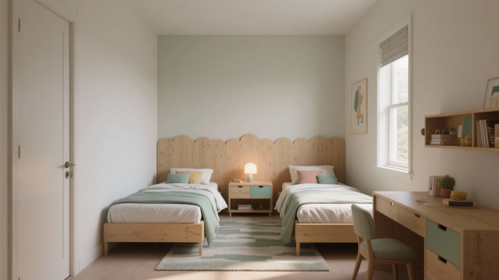 Modern bedroom with two wooden beds light green wall a desk and a bright window