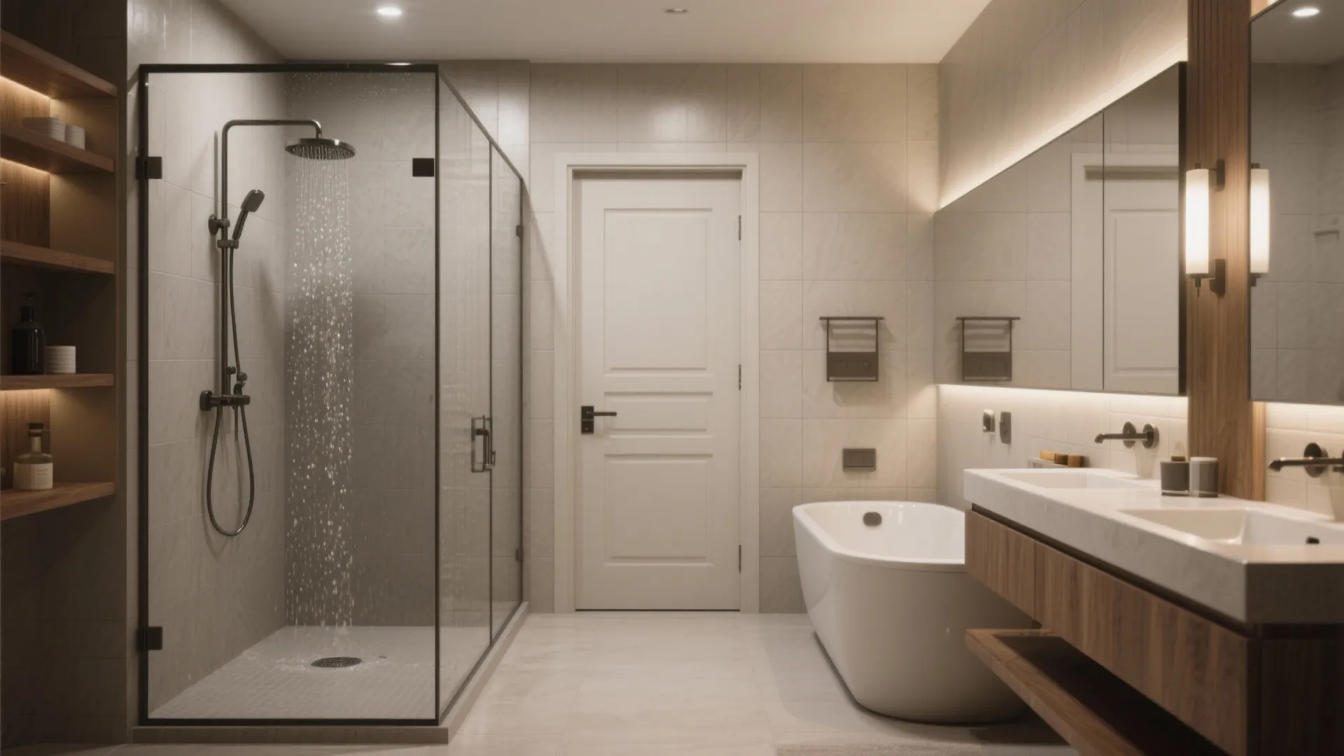 3. Walk-in Shower Adjacent to Compact Soaking Tub
