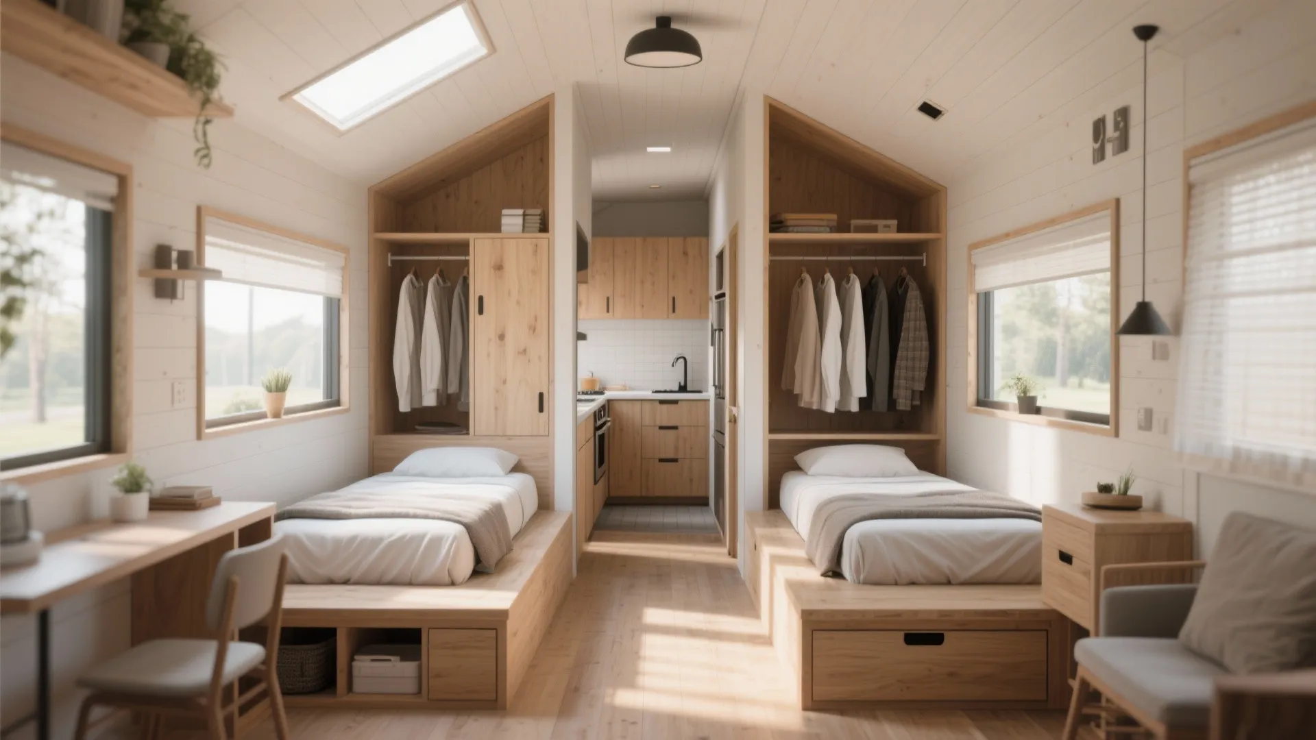 Narrow tiny house interior with side-by-side micro bedrooms, central corridor, and built-in storage