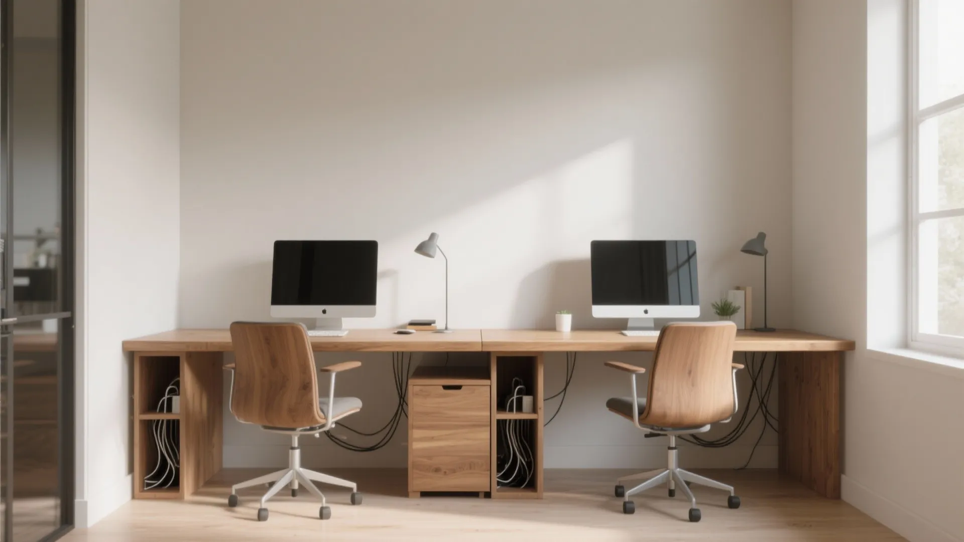Modern home office with two wooden desks side by side featuring desktop computers and swivel chairs
