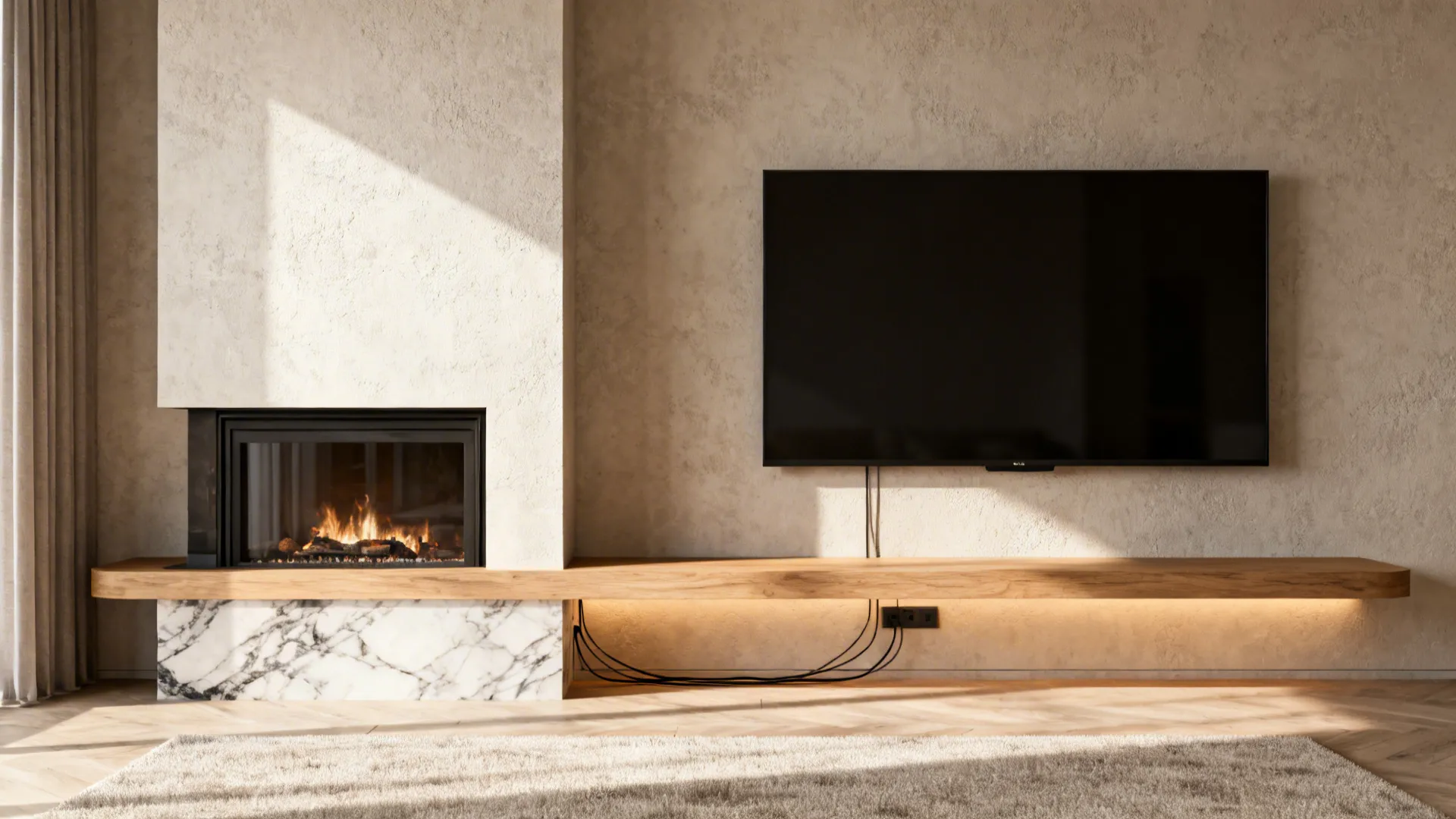 Interior showing TV and fireplace side-by-side with a continuous low media console and neutral decor.