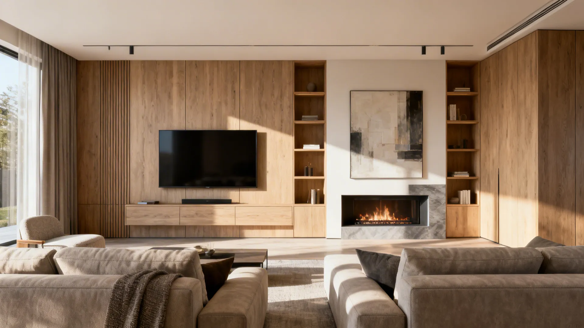 Wide living room with TV and fireplace side-by-side, flanked by shelving and artwork for balance.