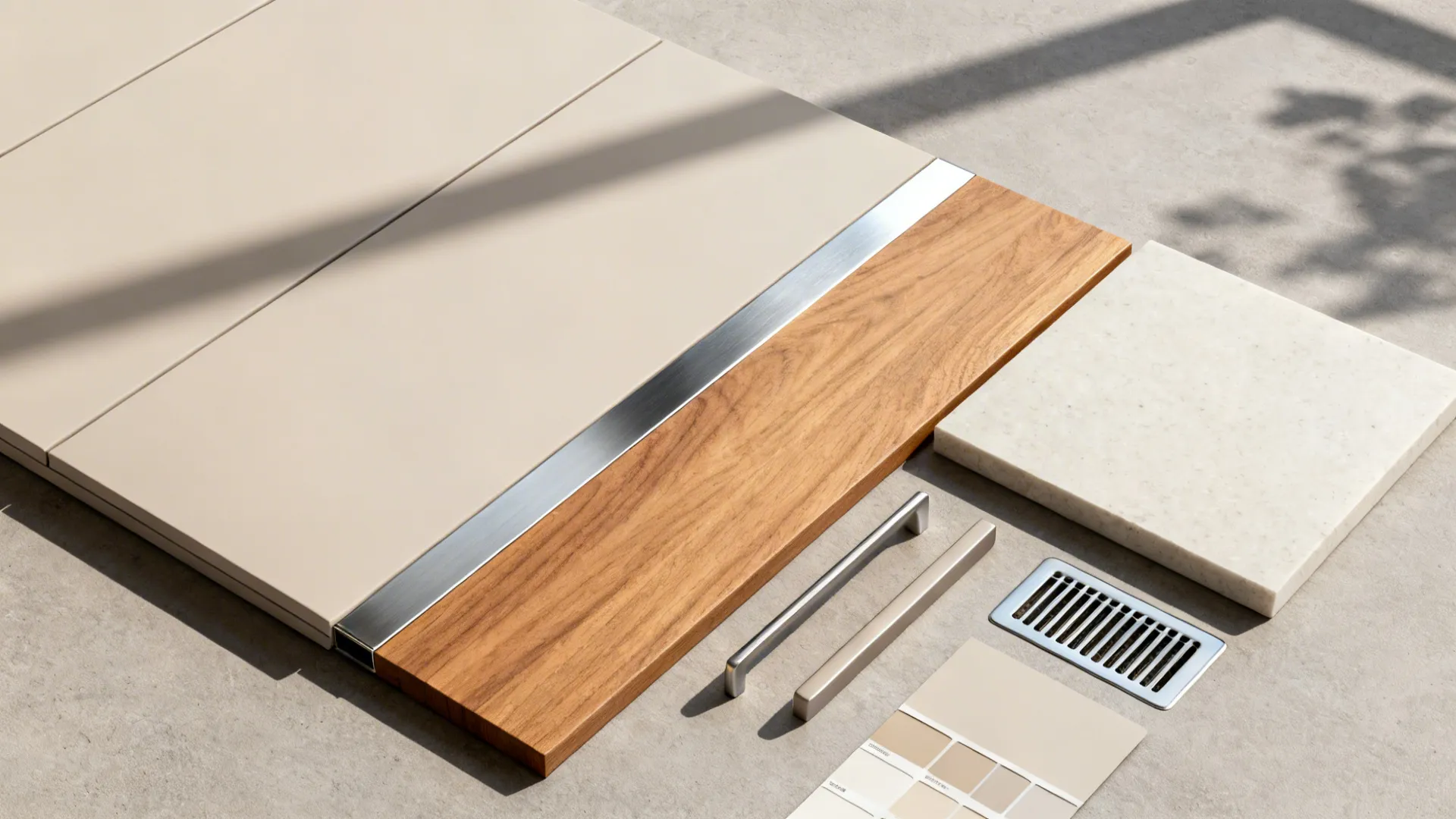 Flat lay of cabinet finishes, quartz, oak veneer, and stainless trims for a cohesive run.