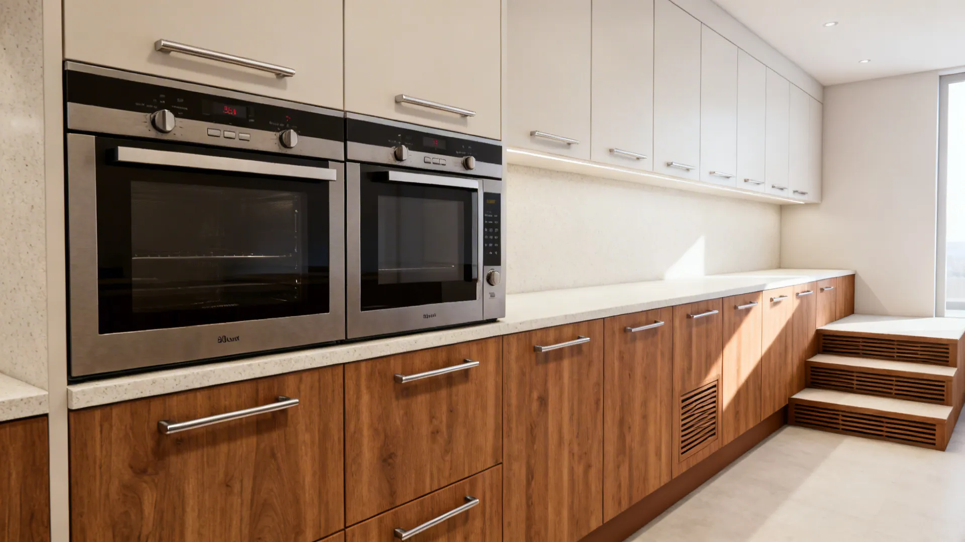 Counter-height 60cm oven and 45cm combi microwave side by side with a continuous counter.