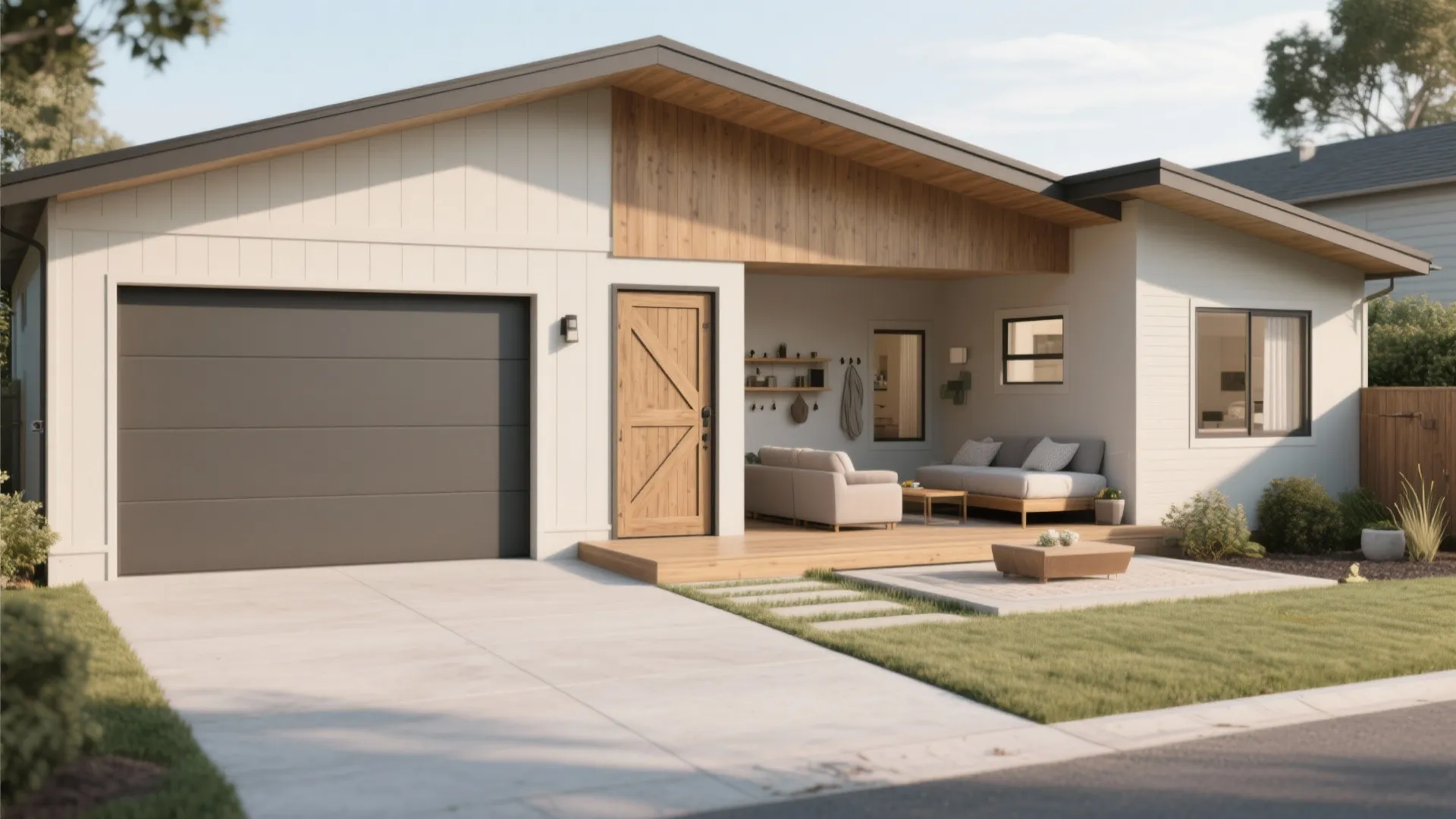 2. Side-by-side: garage and apartment on one plane