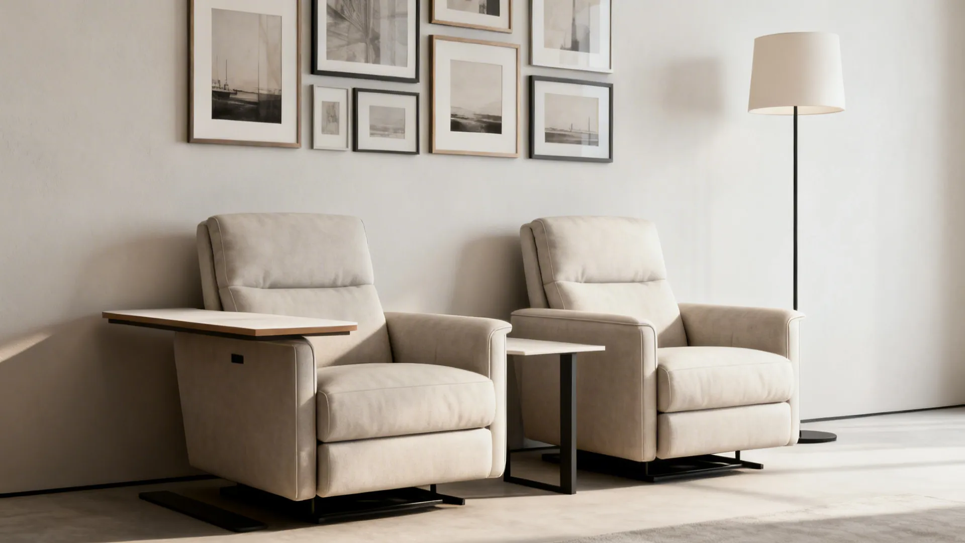 Two recliners side-by-side with a shared side table and gallery wall above in a small living room