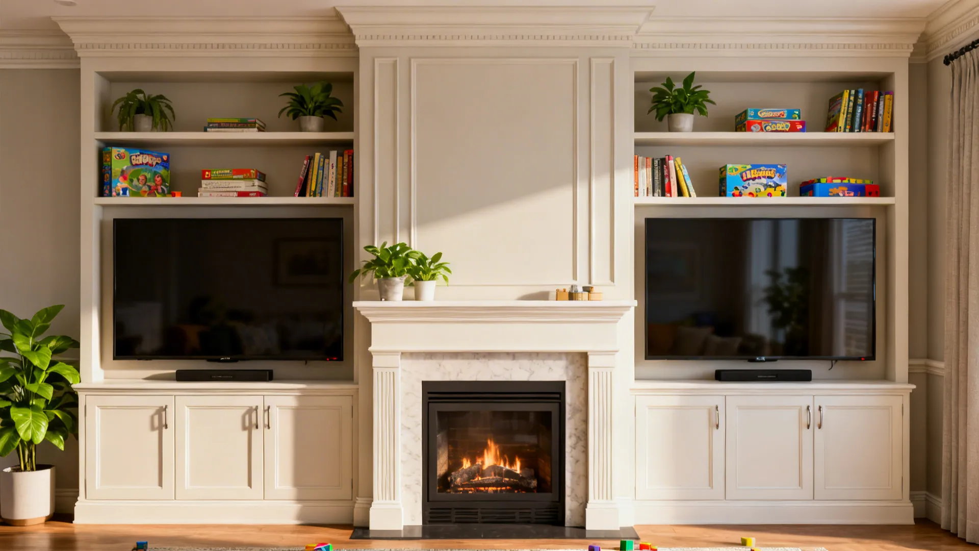 Symmetrical media wall with fireplace and TV side-by-side and matching built-in storage.