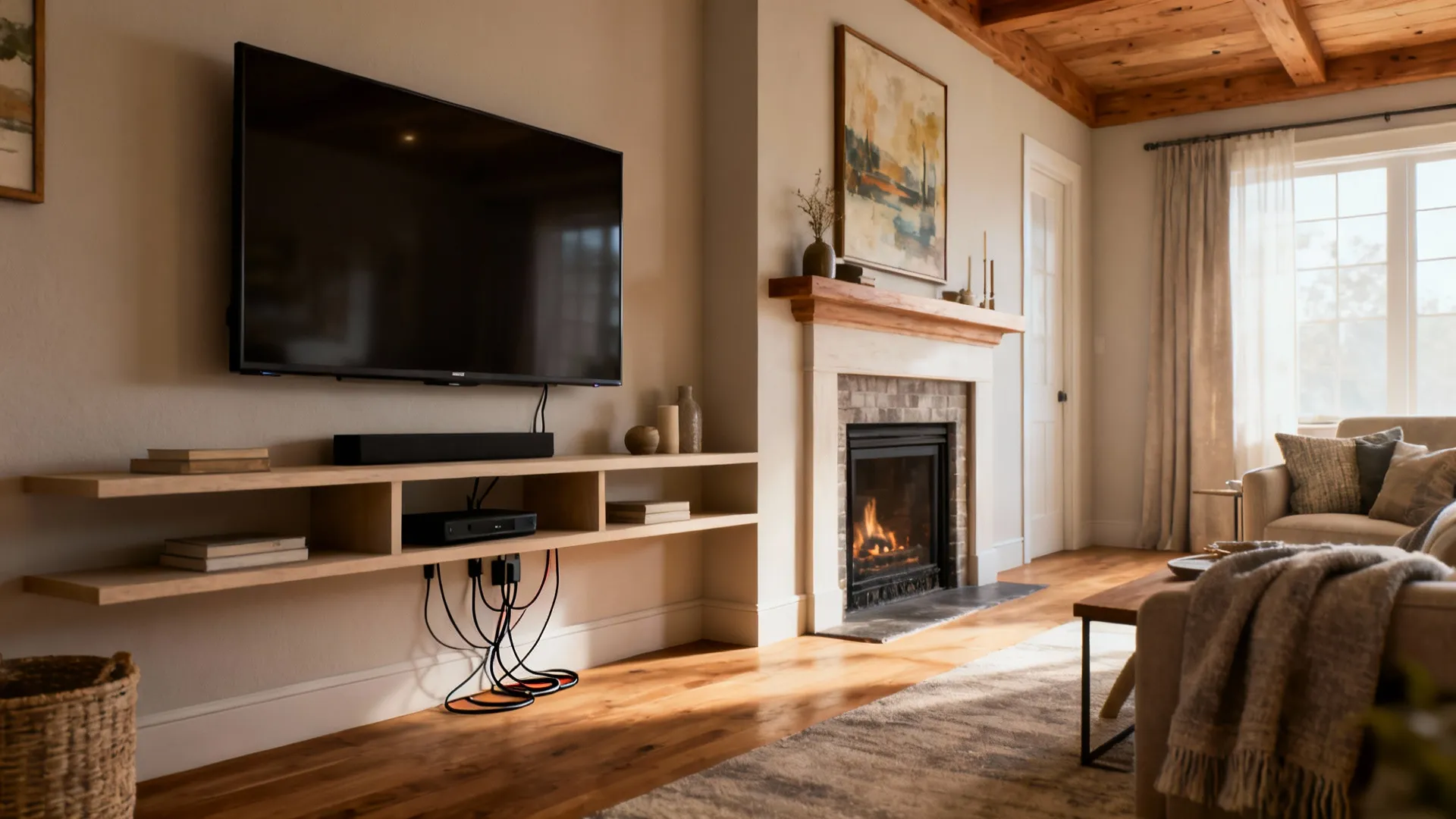 Narrow living room showing TV next to fireplace with a low console and shelf divider.