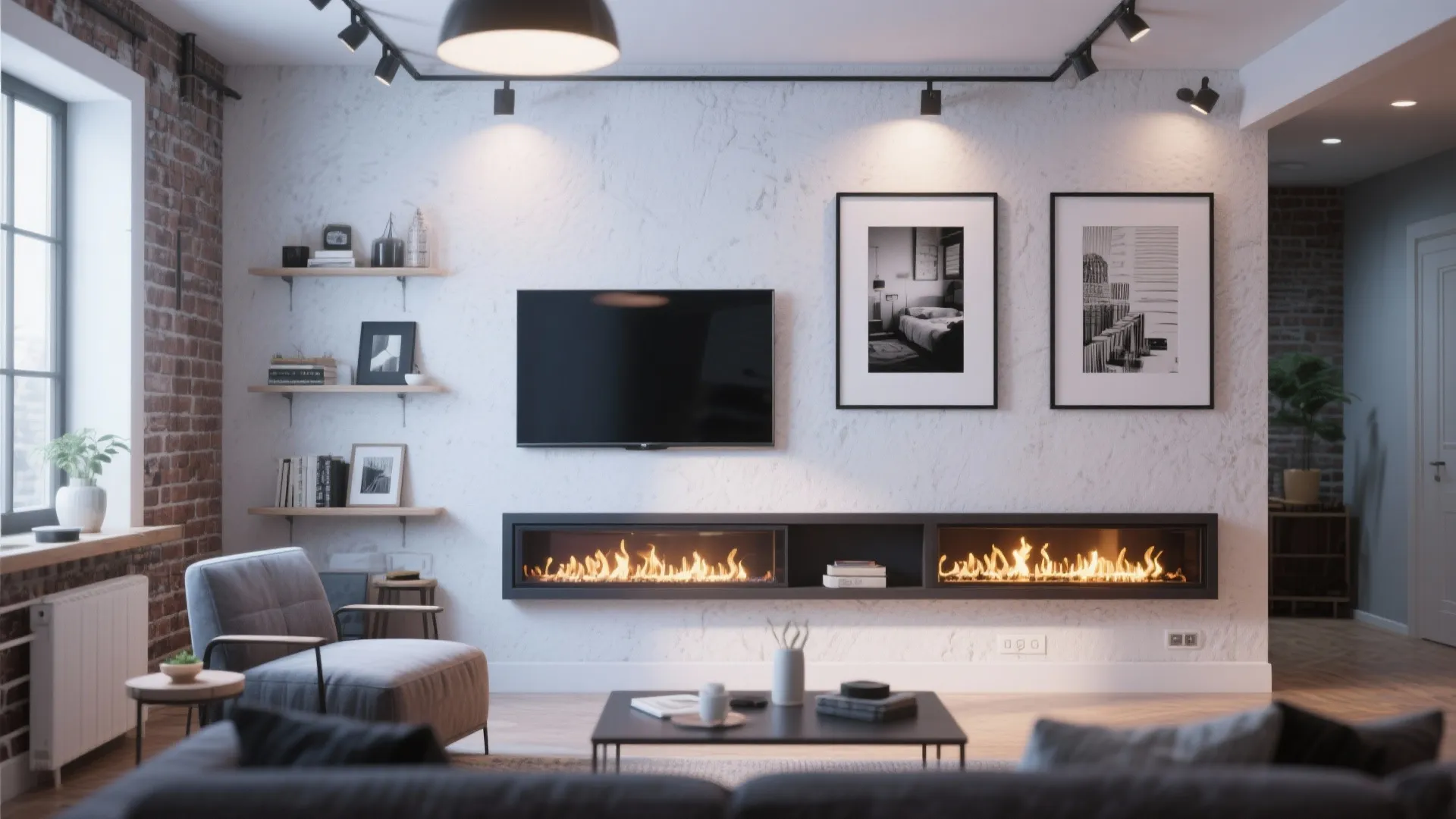 Industrial living room with long electric fireplace below wall mounted television and exposed brick wall