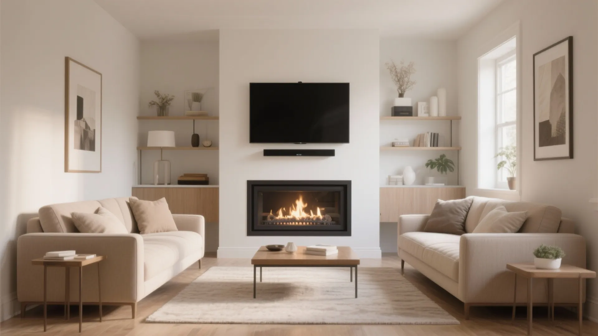 Modern white living room with symmetrical sofas facing a black fireplace and wall mounted television