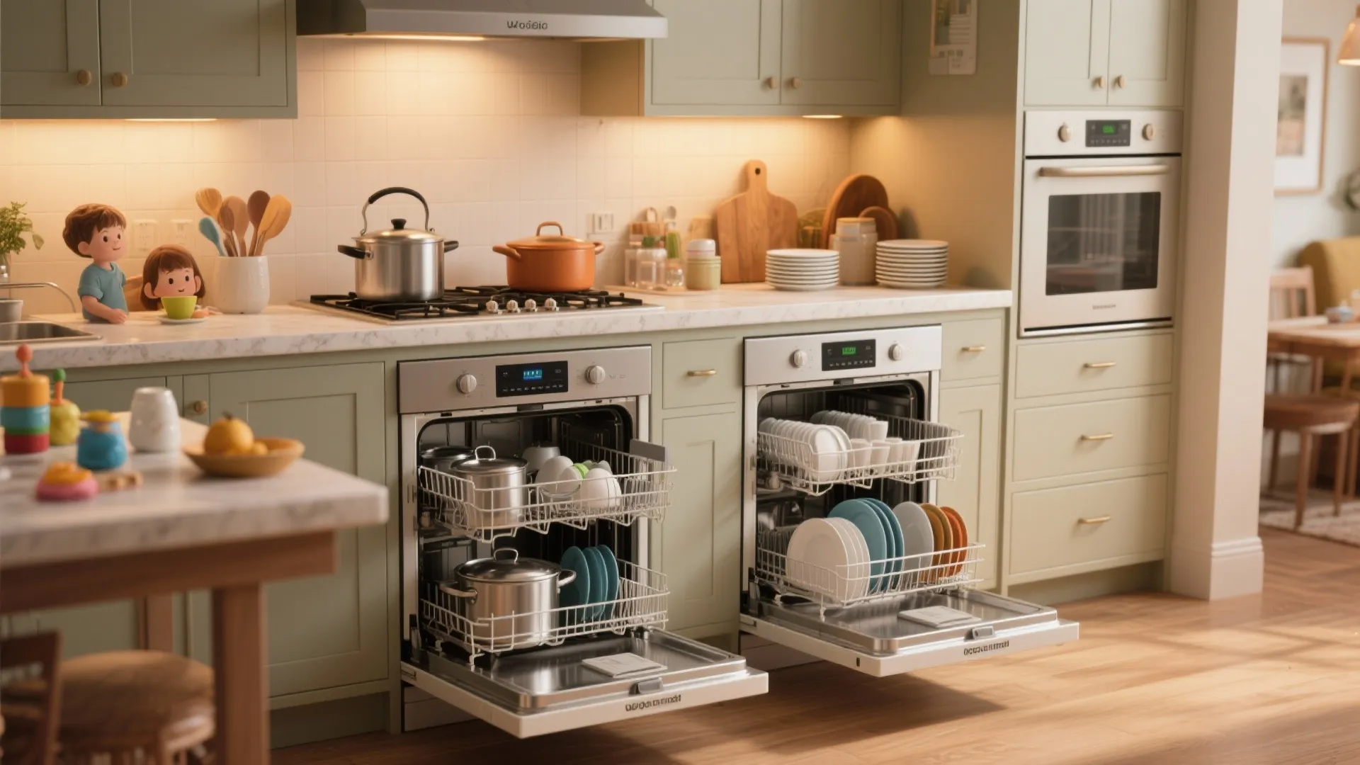 Two open dishwashers filled with plates and pots installed side by side in green kitchen cabinets