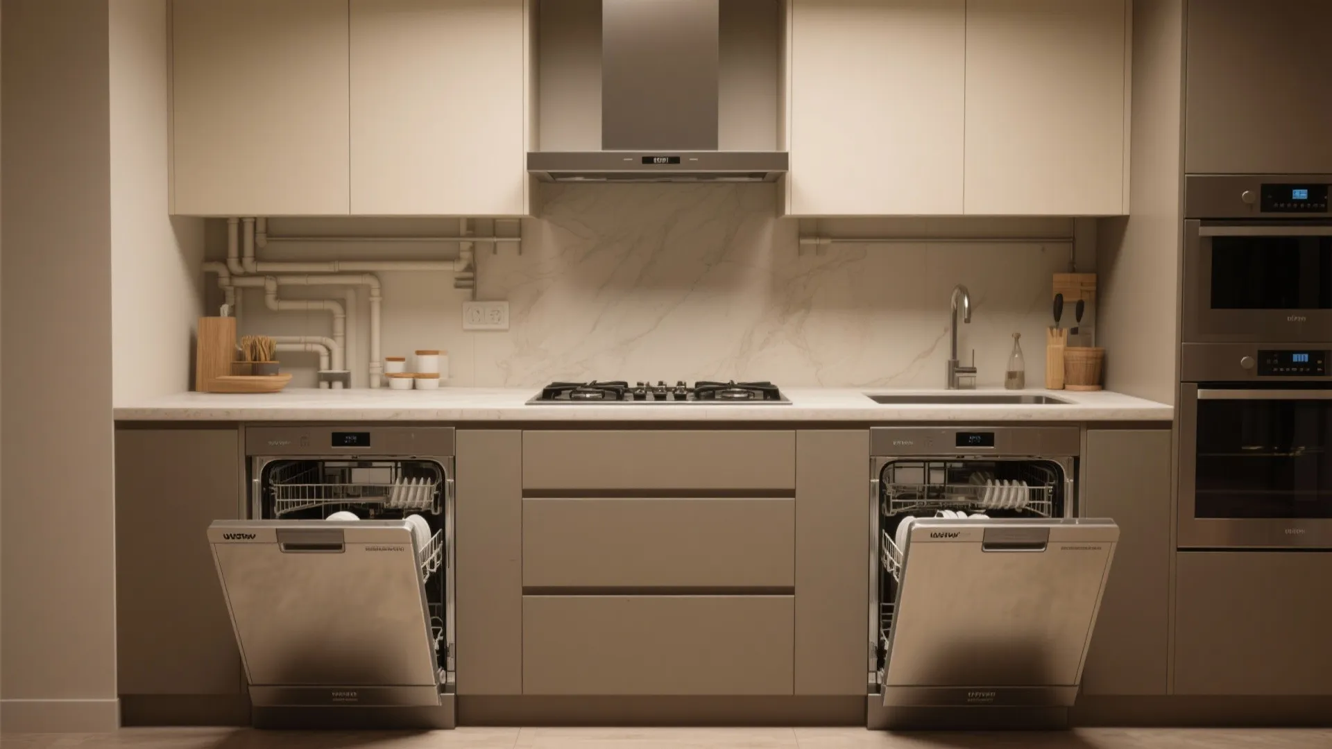 Eight-foot kitchen run with two slimline under-counter dishwashers side-by-side and an uninterrupted cook zone.