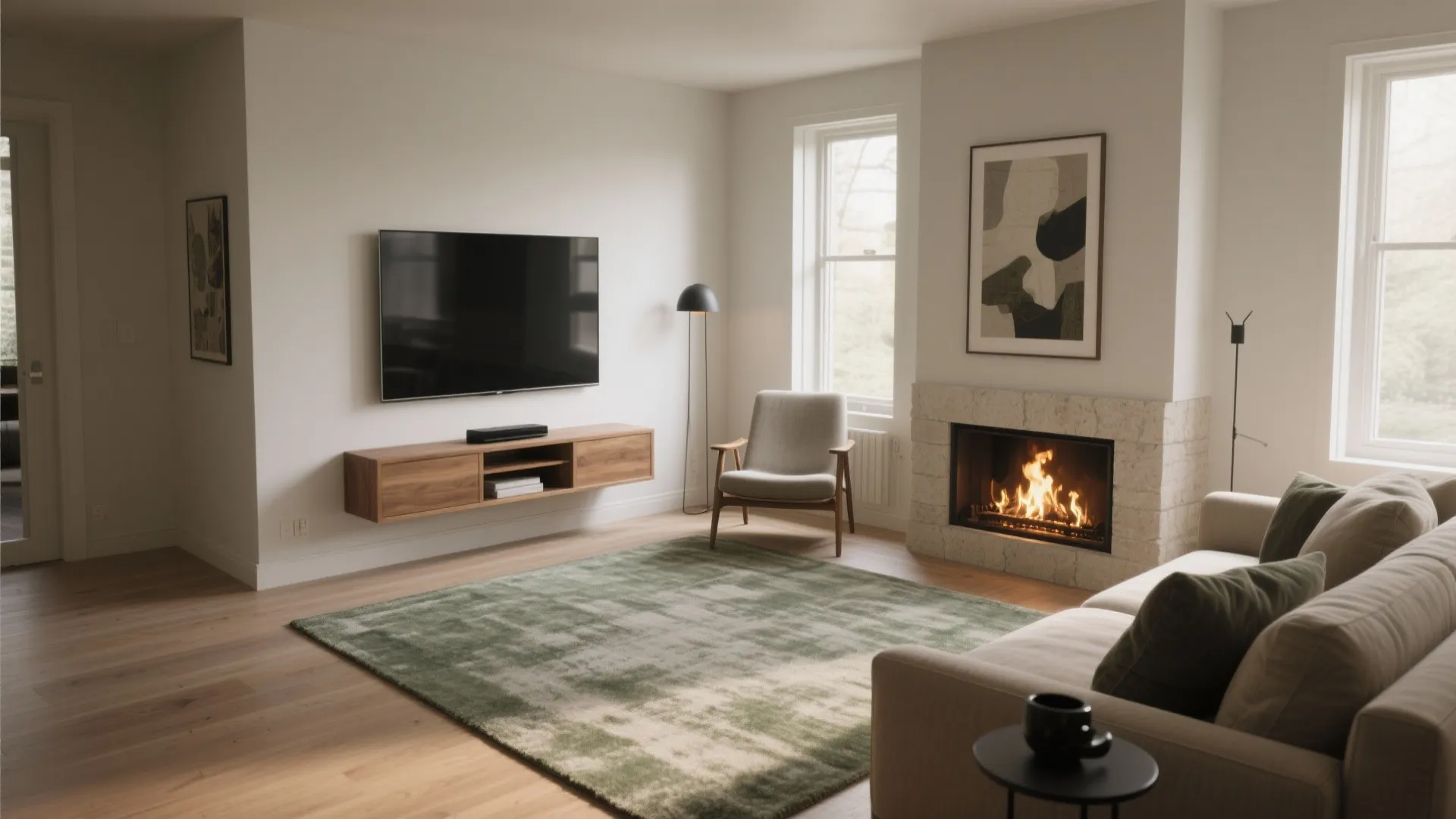 Side-by-side focal wall: TV beside the fireplace
