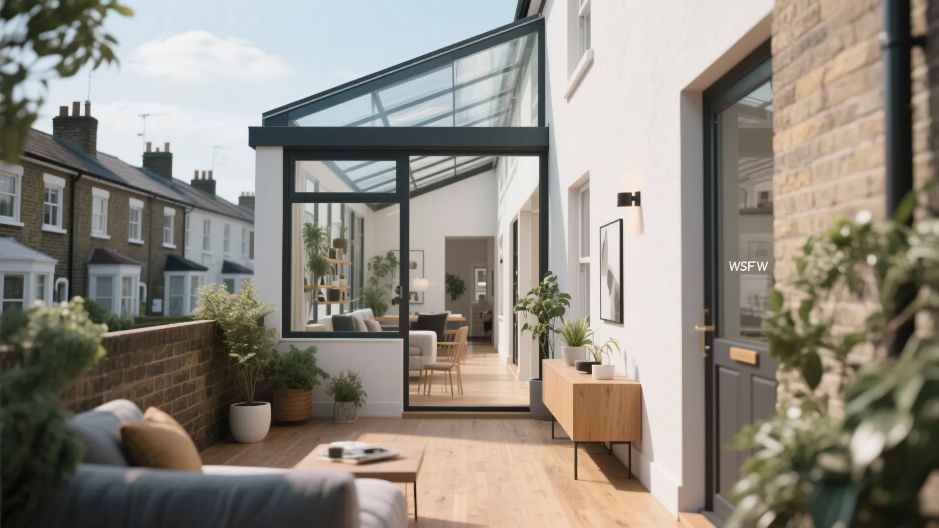 Modern white house extension with glass roof and wooden deck featuring green plants and furniture