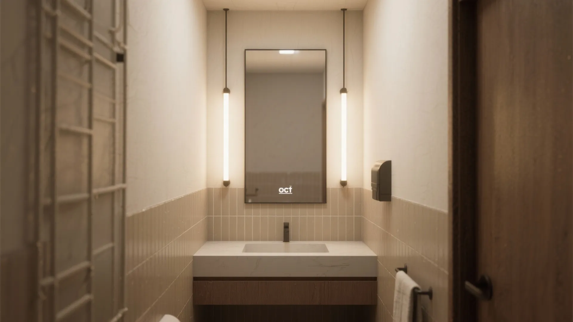 Small bathroom layout featuring a rectangular mirror white marble counter and two long wall lights