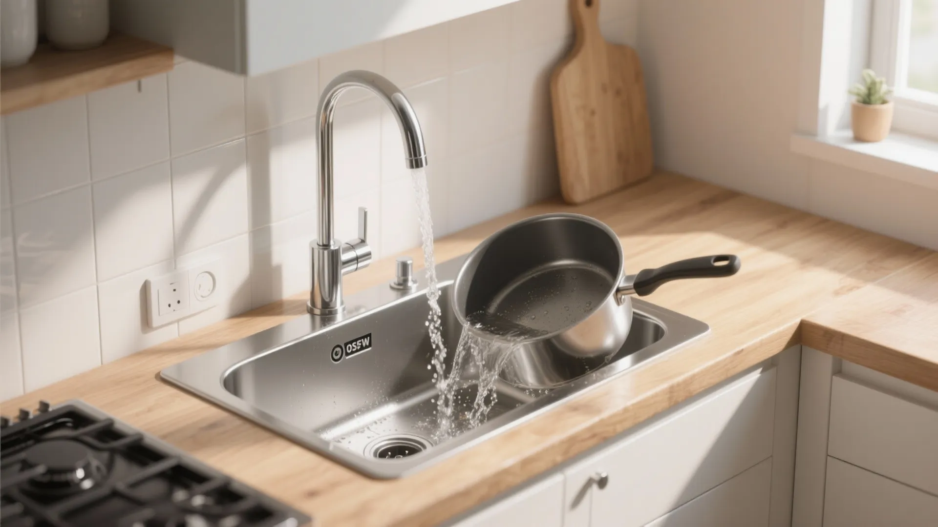 Kitchen sink with water flowing from a silver faucet into a metal cooking pot indoors