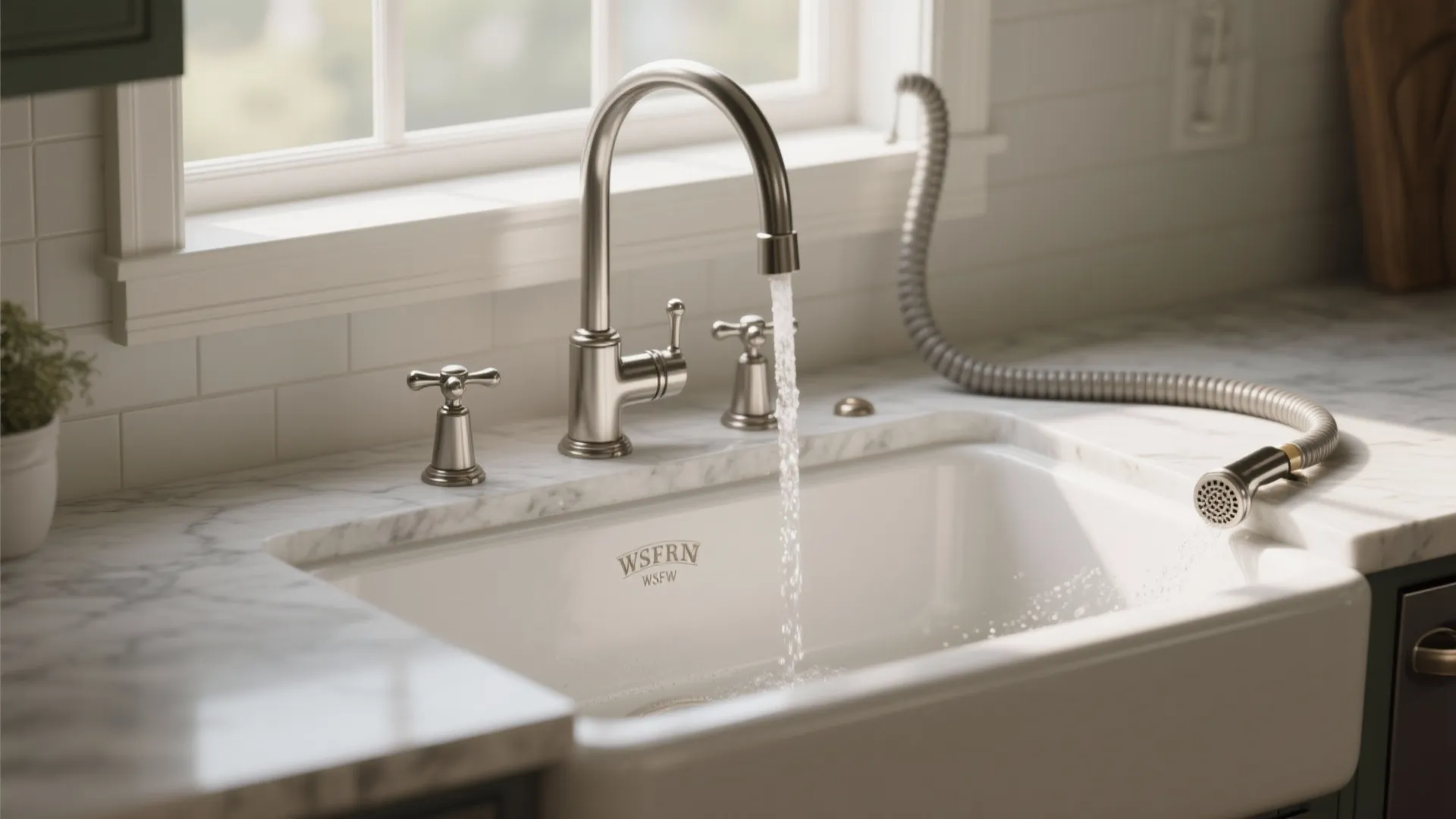 Classic white kitchen sink with chrome faucet and side sprayer showing running water on marble