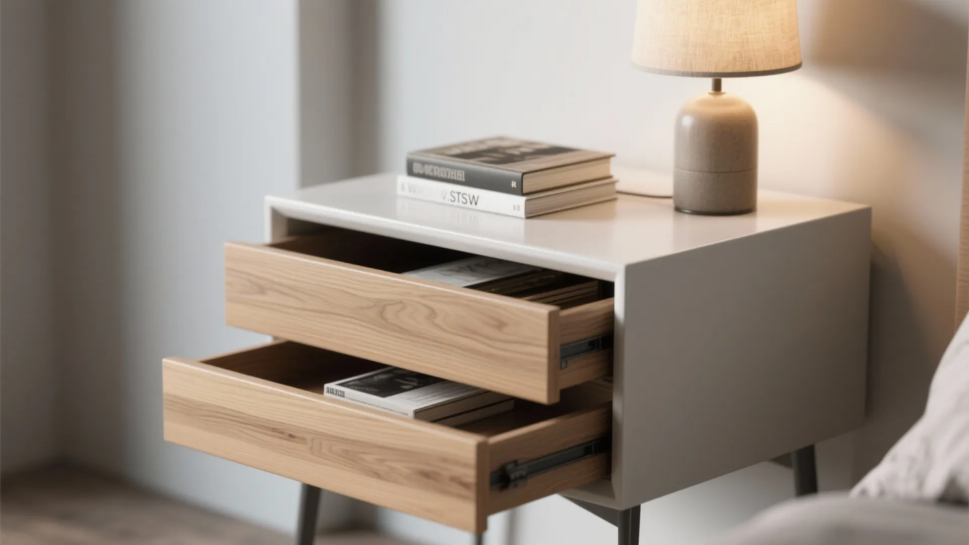 Small white bedside table with two open wooden drawers holding books and a table lamp