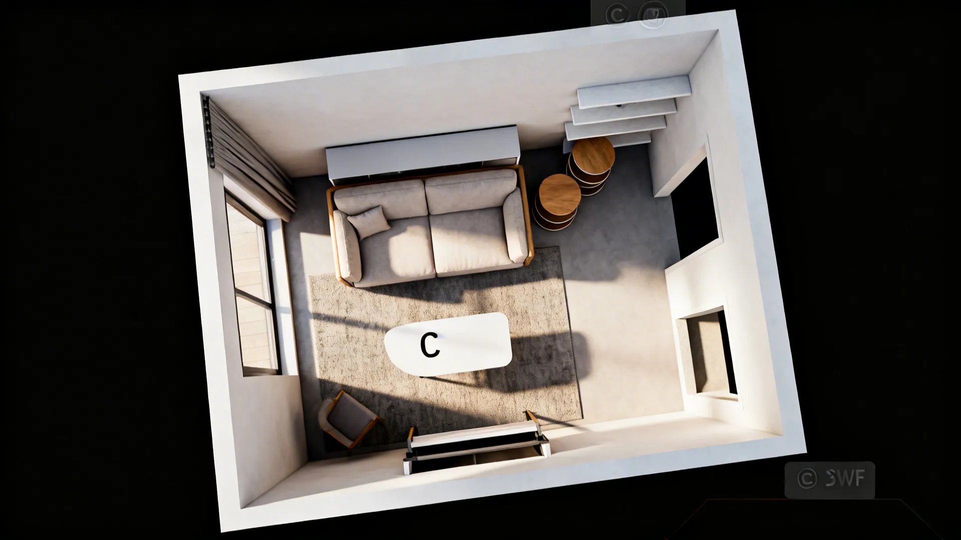 Top-down layout of small living room showing different sofa side table options and circulation paths.
