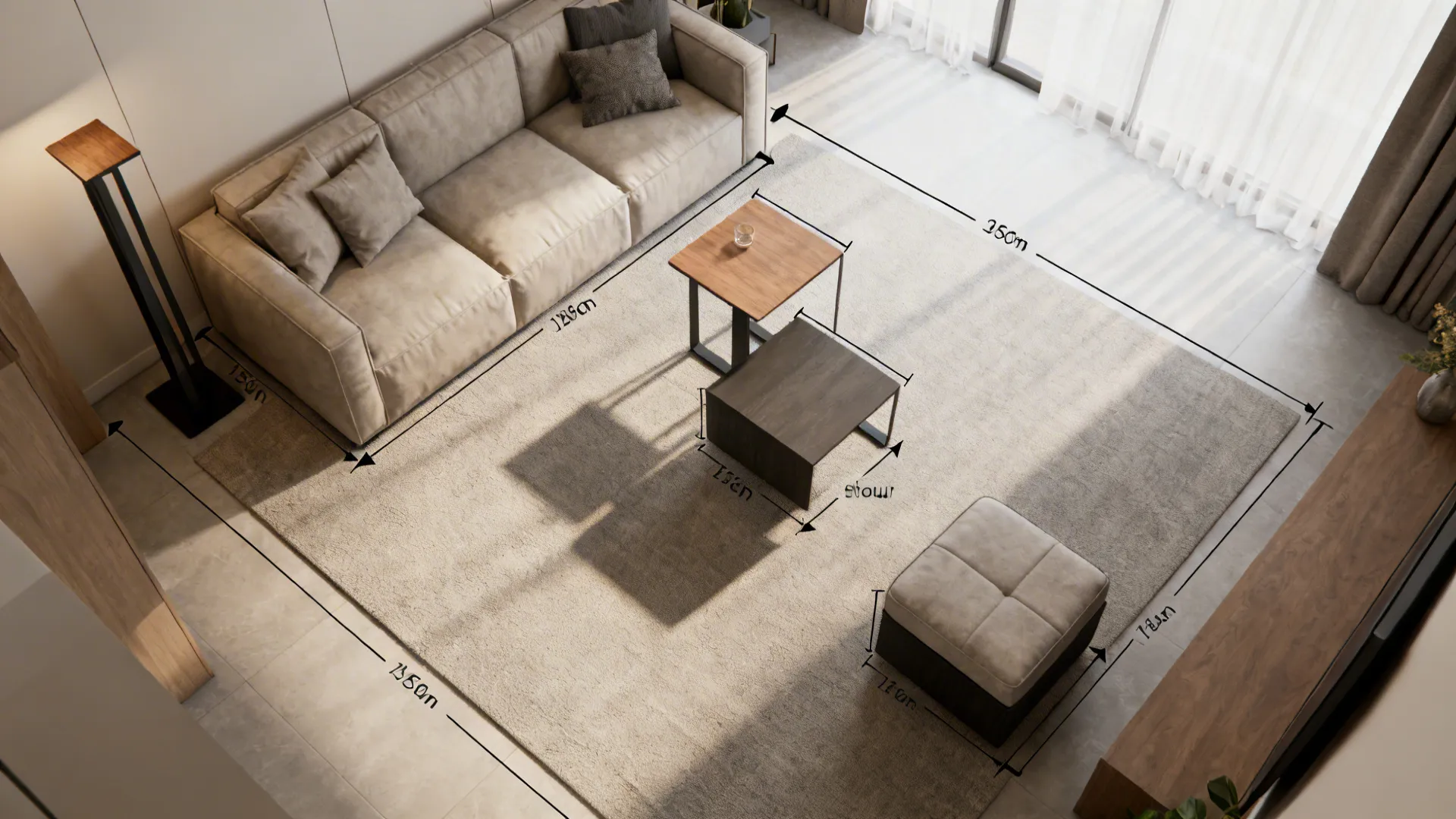 Top-down planner view showing side table placement and clearances in a small living room.