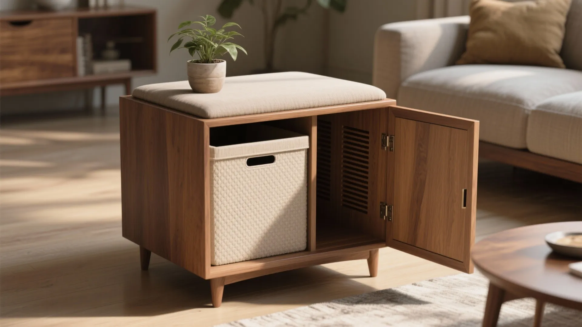 3. Repurpose a side table into a discreet litter box cabinet