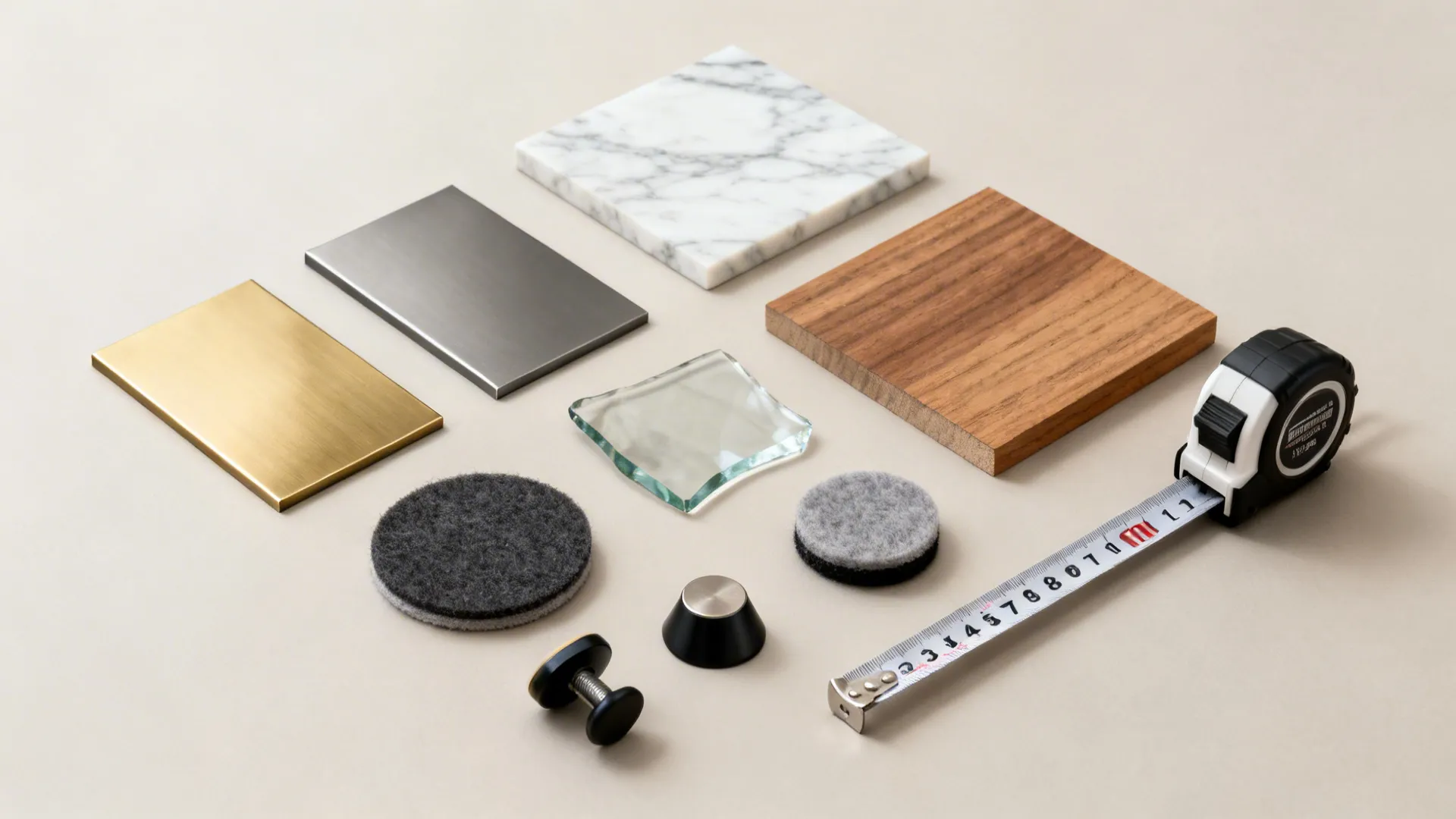 Collection of furniture material samples including wood marble metal glass and a black measuring tape