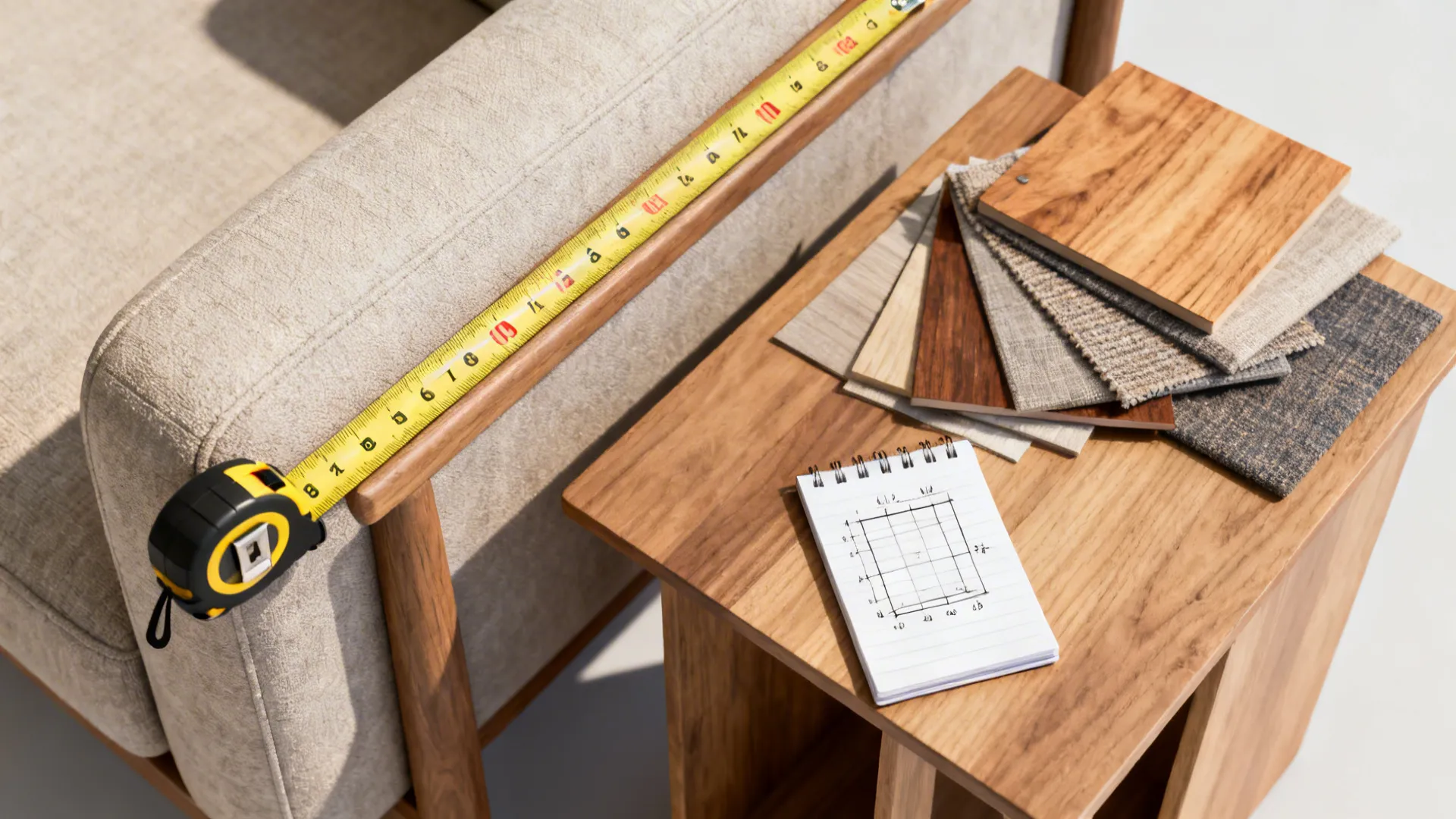 Flatlay of tape measure and material swatches used to plan side table size and materials.