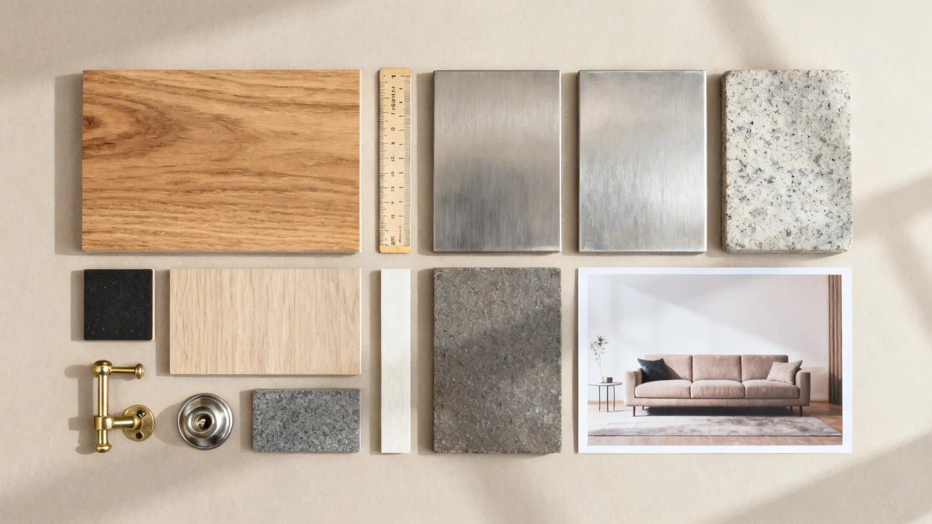 Flatlay moodboard with wood, metal, and stone swatches, hardware samples, ruler and sofa photo for side table selection.