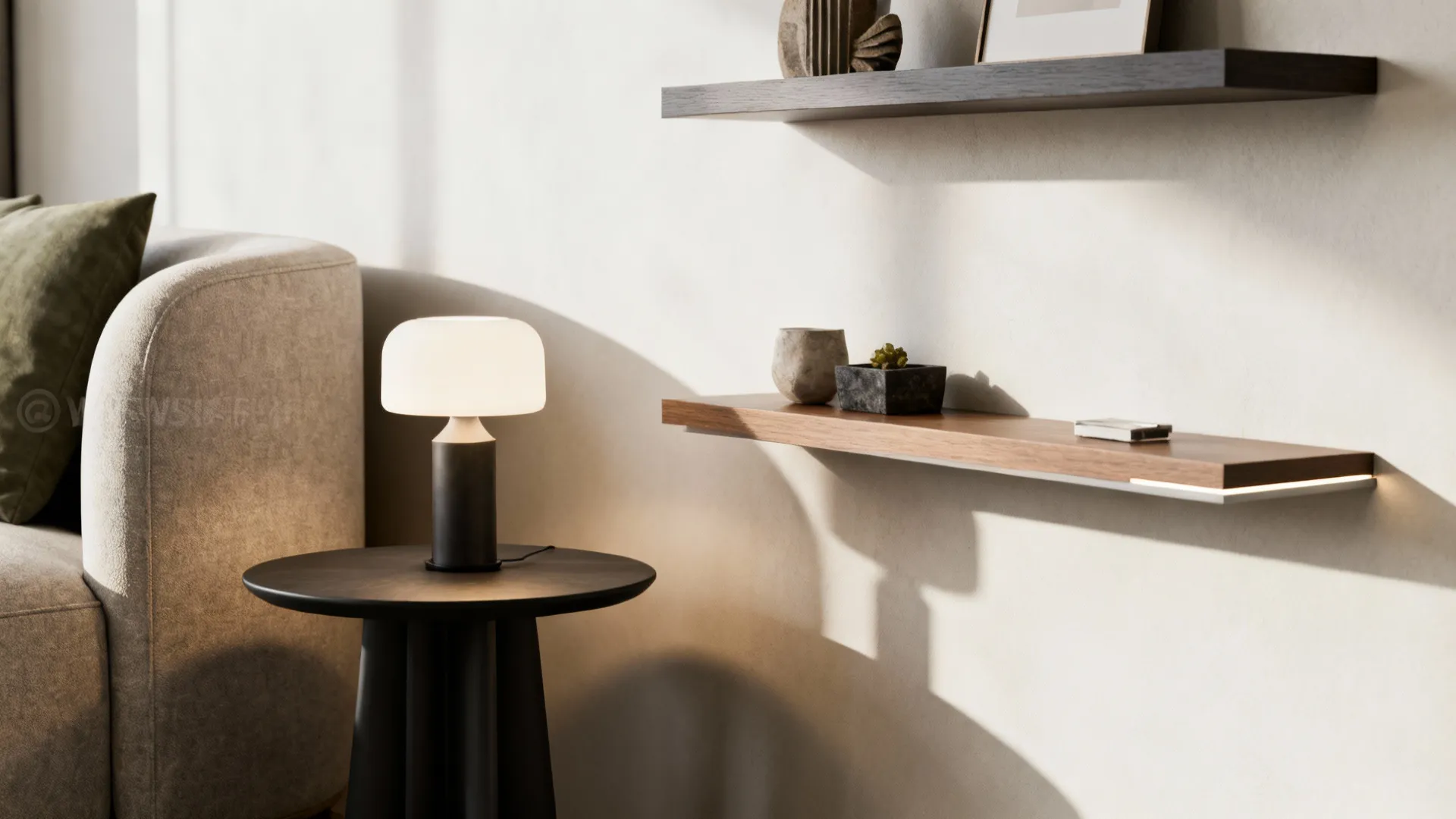 Small side table with a lamp paired with floating shelves holding decor in a compact living room