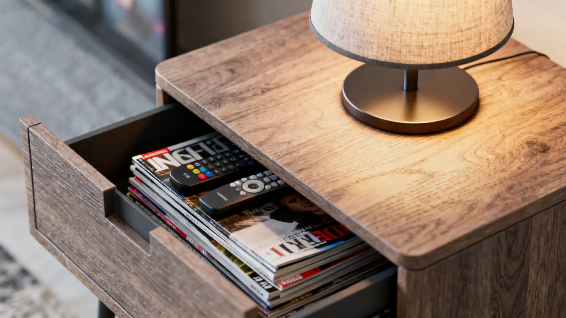 Compact side table with built-in storage open showing magazines beside seating