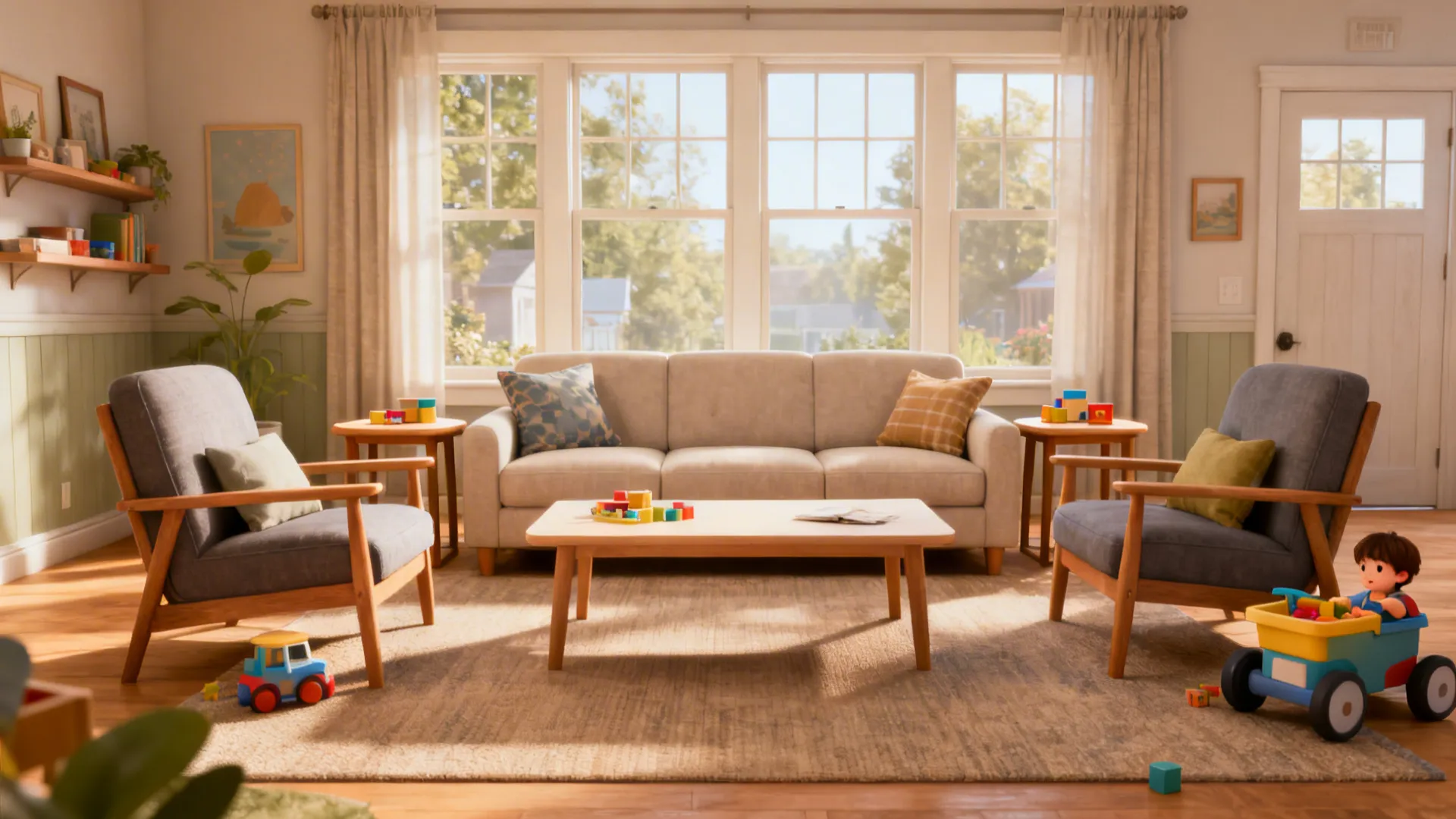 Modular seating with a sofa, two chairs and three small tables of harmonized heights in a family living room