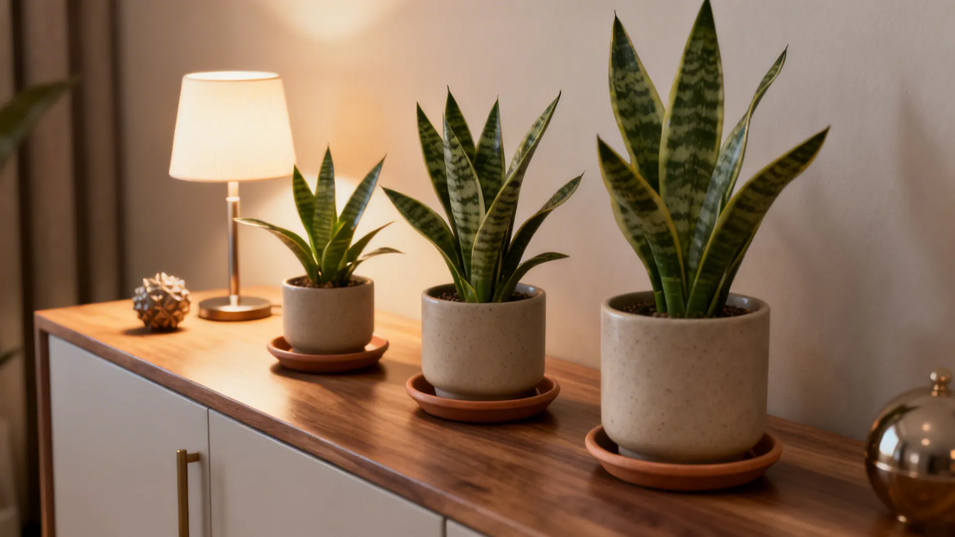 Side table with a trio of matching potted snake plants, lamp and saucers to protect the surface.