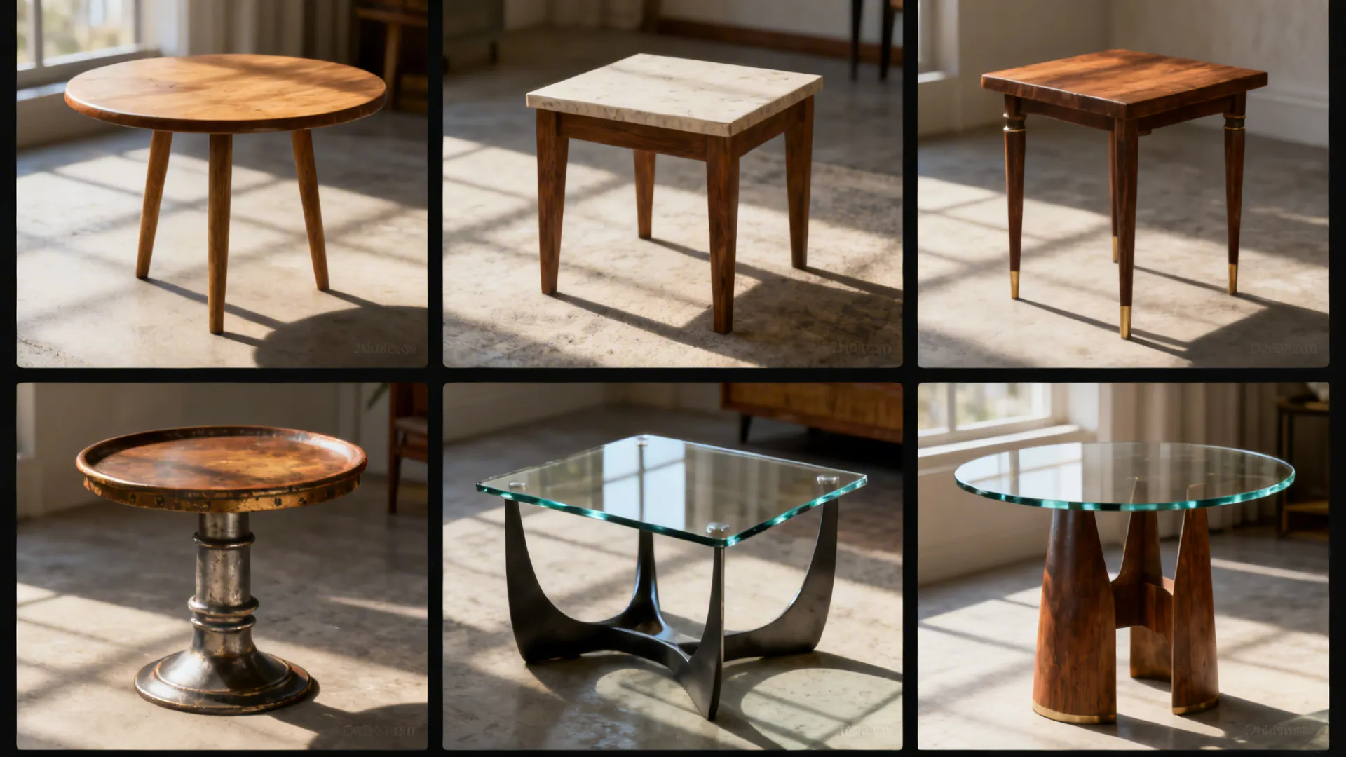 Grid of different small side table styles including round, square, glass-top and mixed vintage-modern pairings.