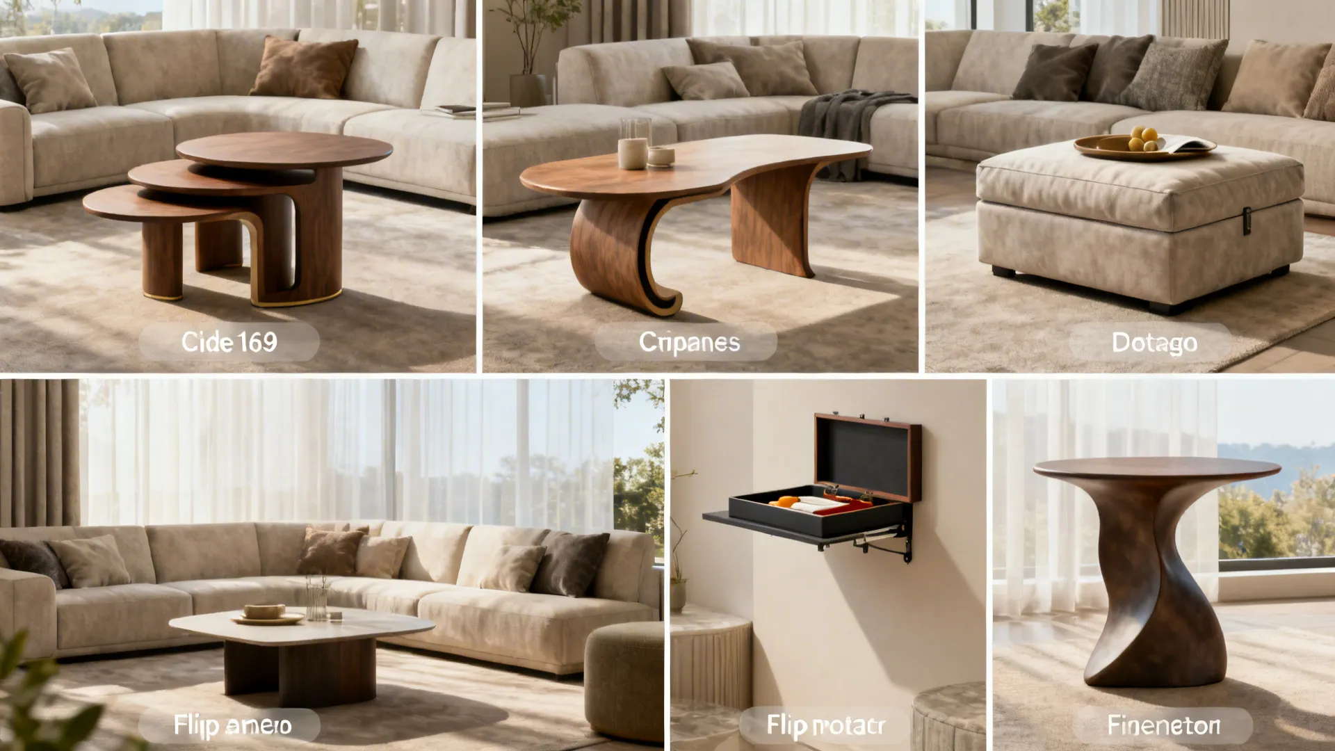 Montage of five side table solutions for small living rooms displayed as cohesive vignettes.