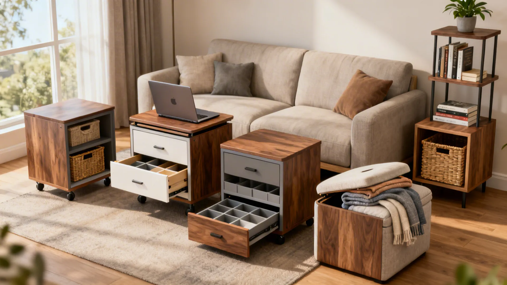 Living room with beige sofa wooden side tables laptop storage footrest bookshelf and woven baskets