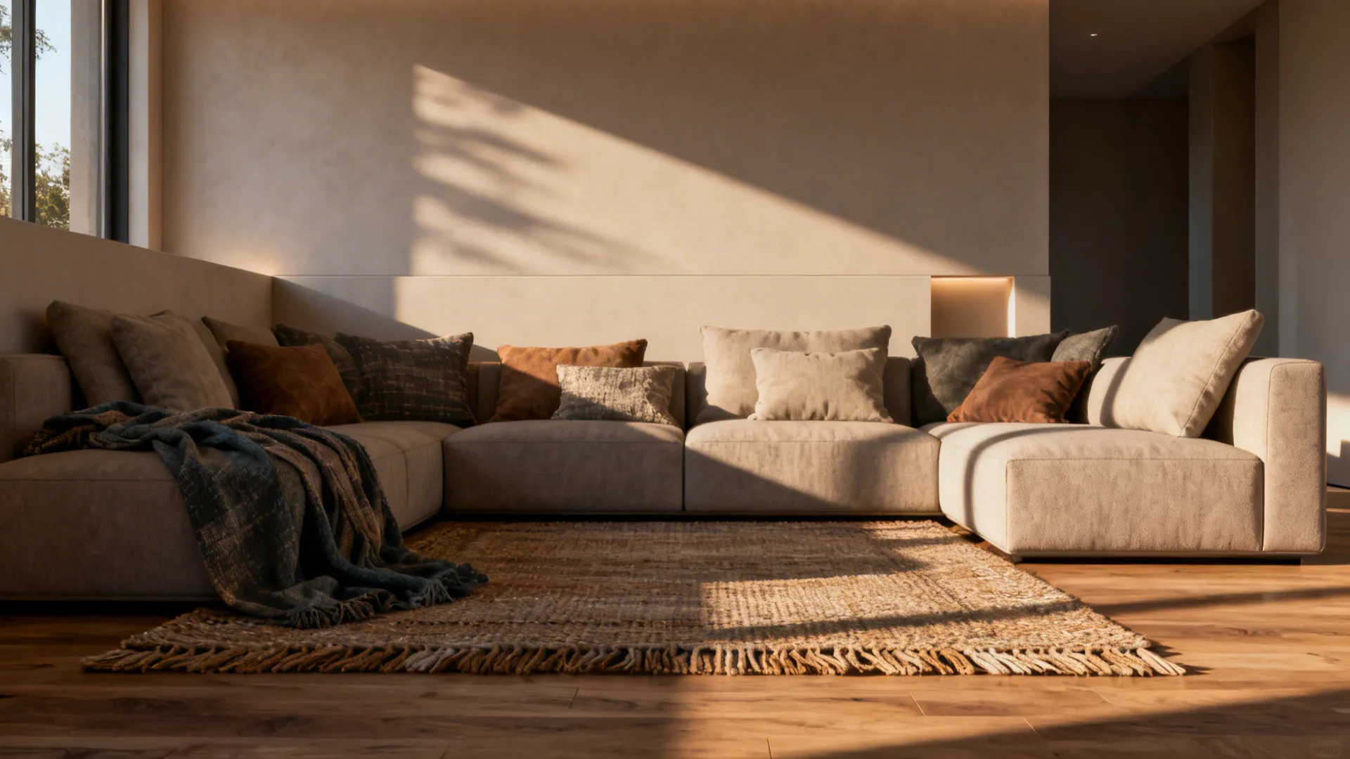Open-plan living space with a short side wall painted to coordinate with textiles.