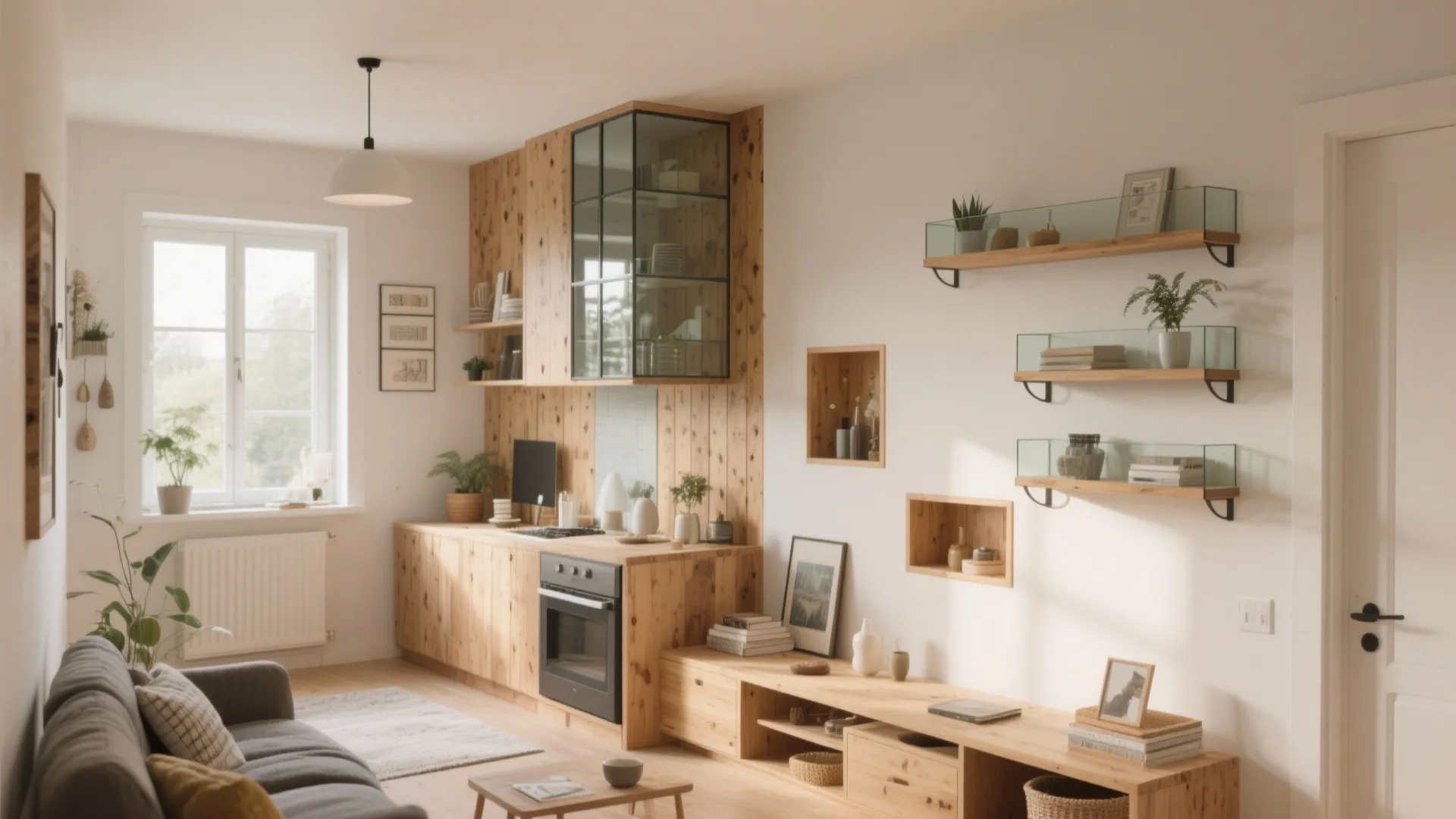 Natural wood kitchen and living area with wall shelves grey sofa ceiling light and white window