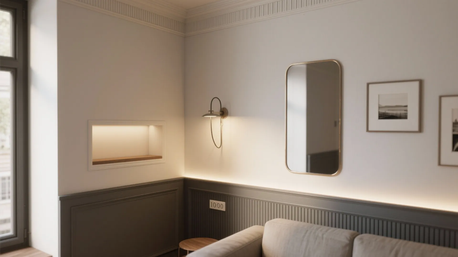 Living room interior with grey wall panel wall light mirror sofa and warm hidden lighting