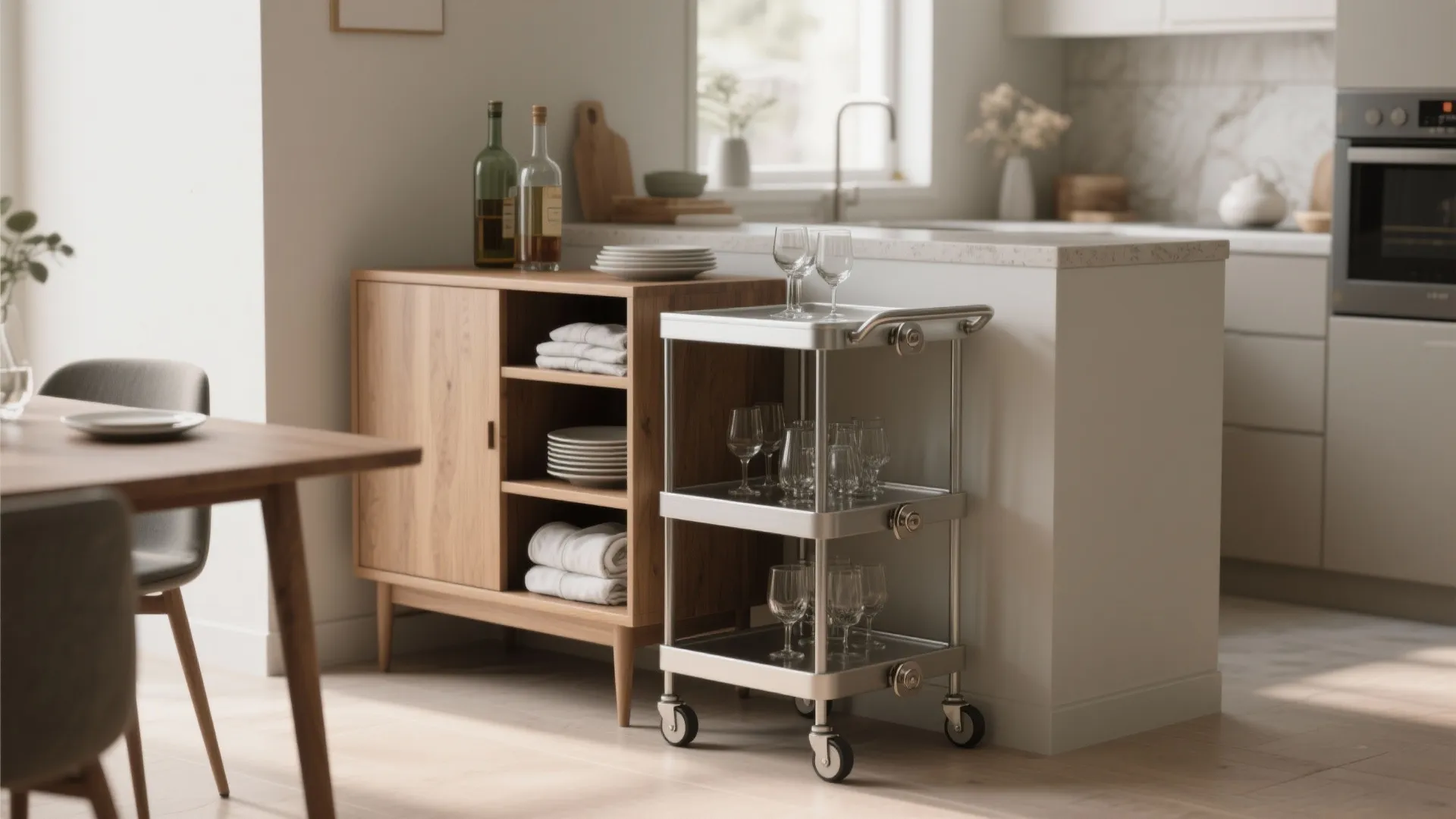 Compact sideboard and wheeled bar cart used for storage and serving in a small dining area.