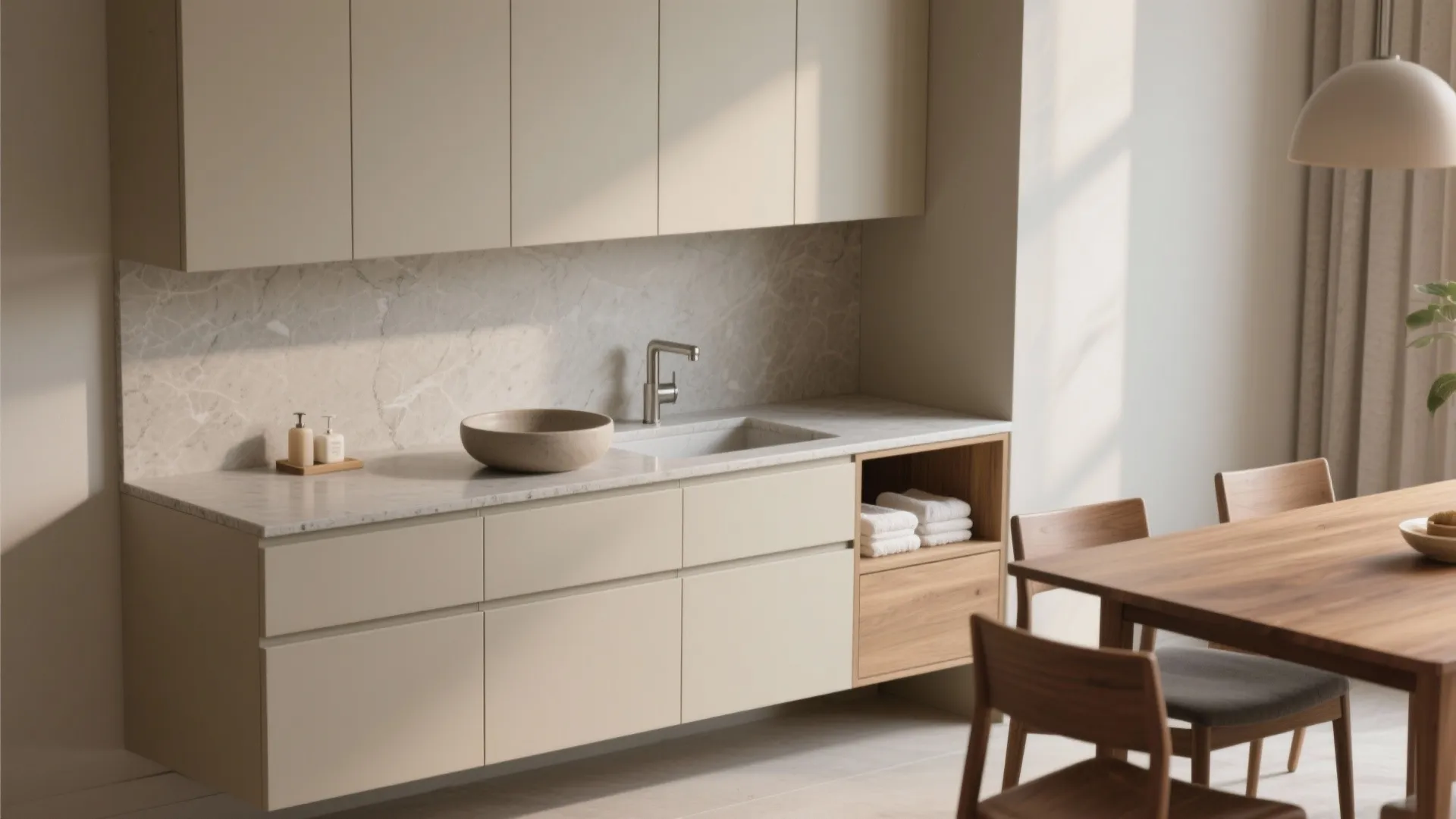 Minimalist beige kitchen cabinet with marble countertop and a stone wash basin next to dining